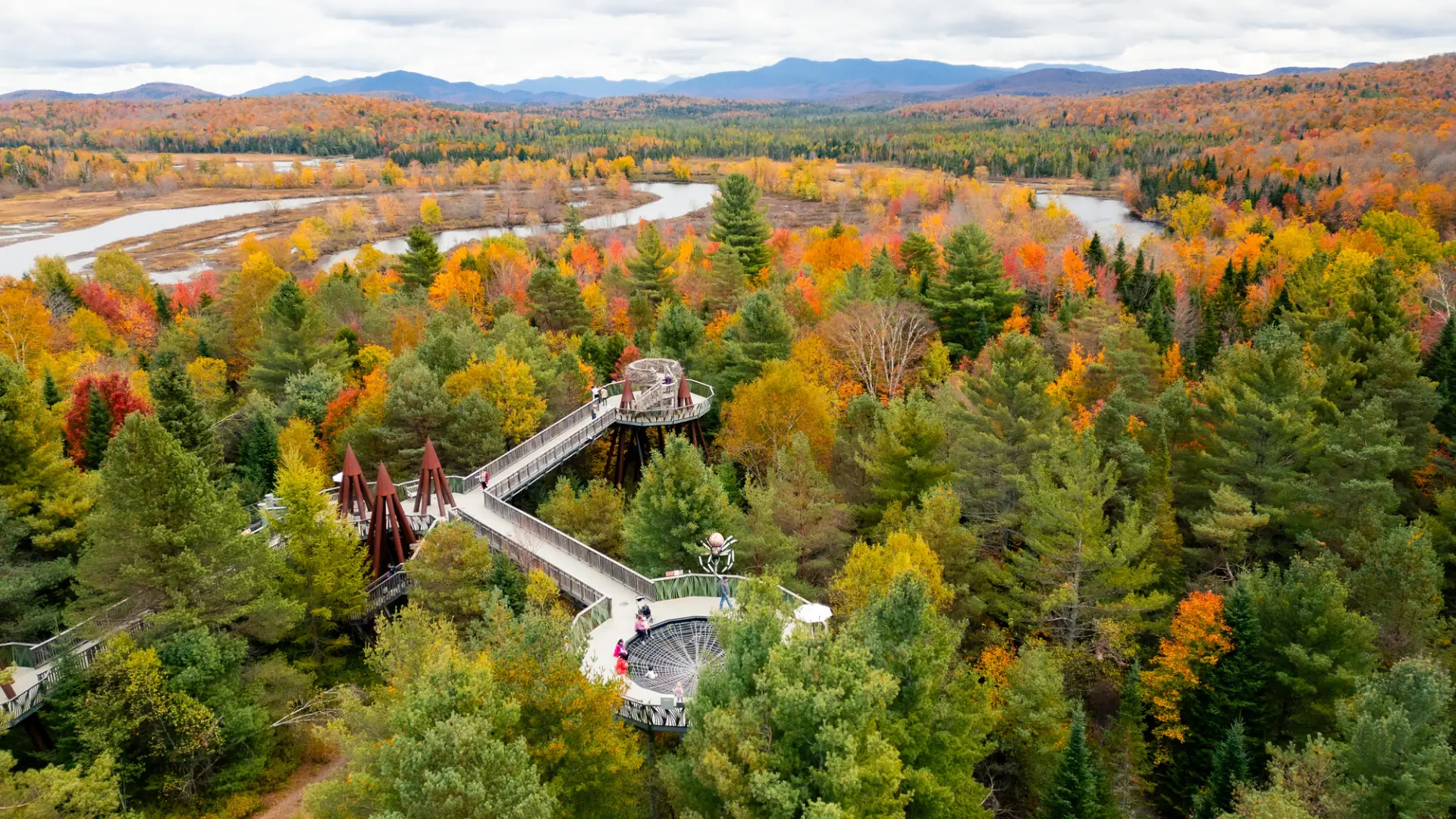 An aerial view of The Wild Center in Tupper Lake during the fall.