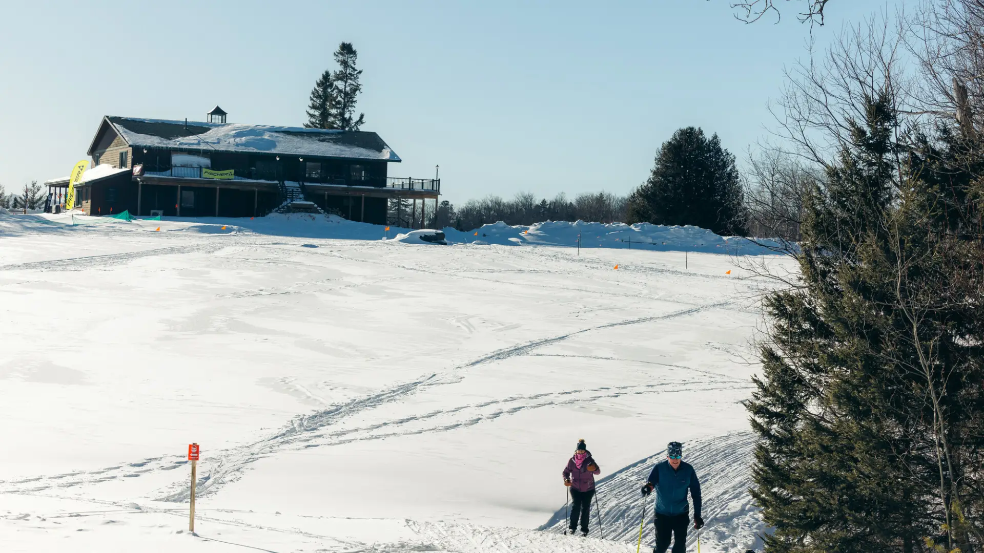 Two people cross-country skiing at Scotts Cobble in Lake Placid, NY.
