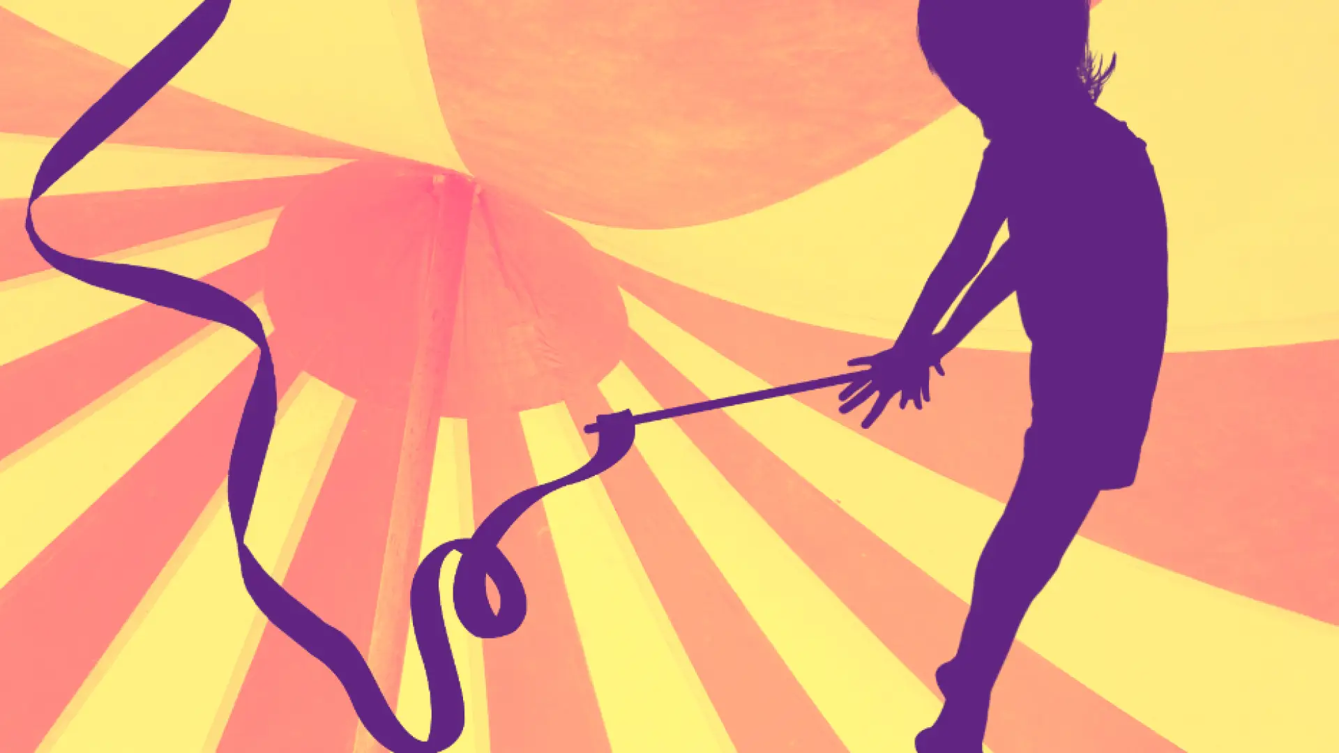 Silhouette of a child performing rhythmic gymnastics with a ribbon under a circus tent.