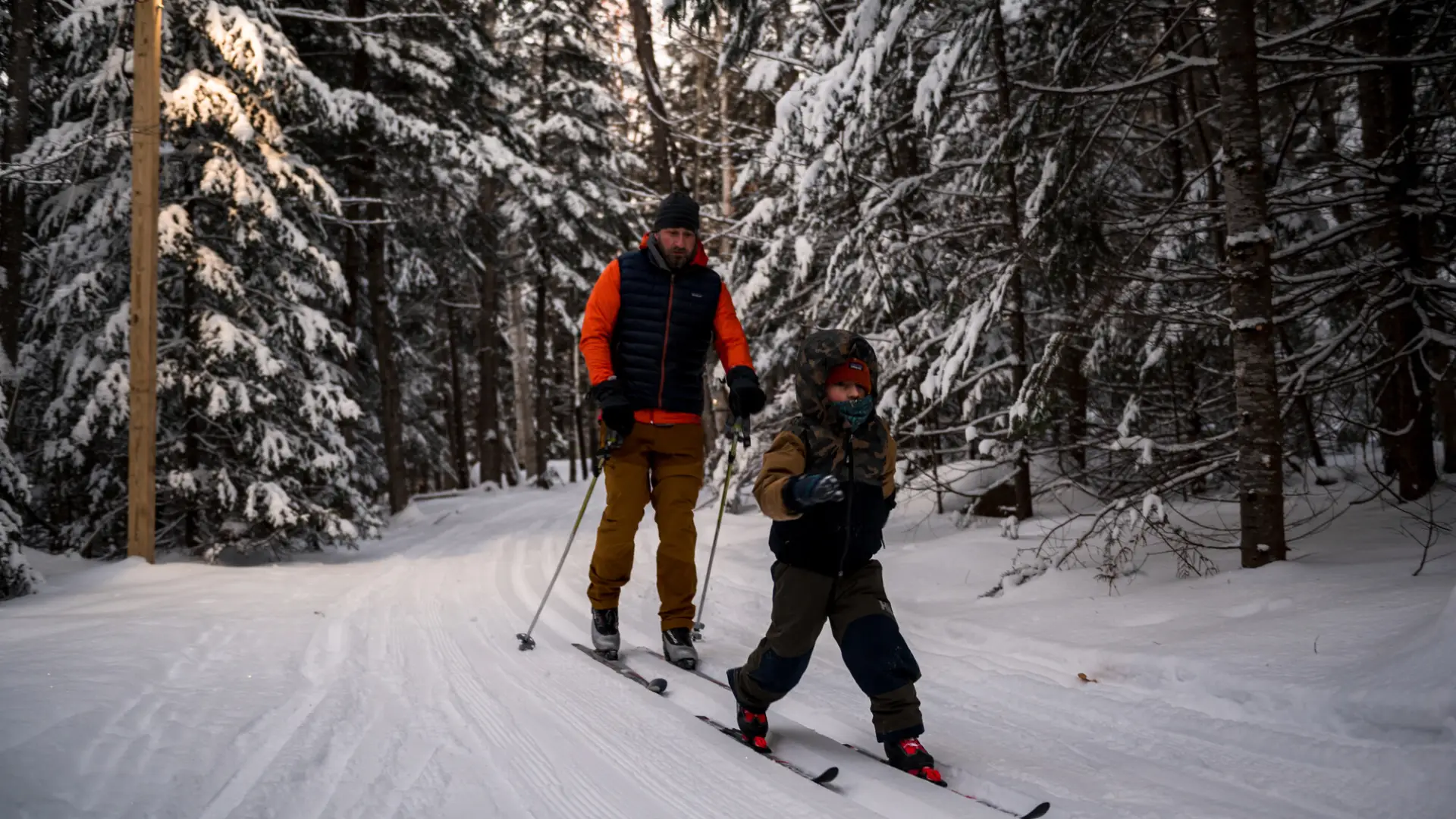 Man and boy cross-country ski on snowy wooded trail at dusk