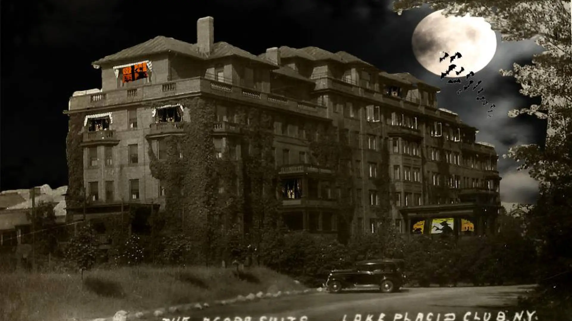 A spooky image of a haunted Adirondack hotel.