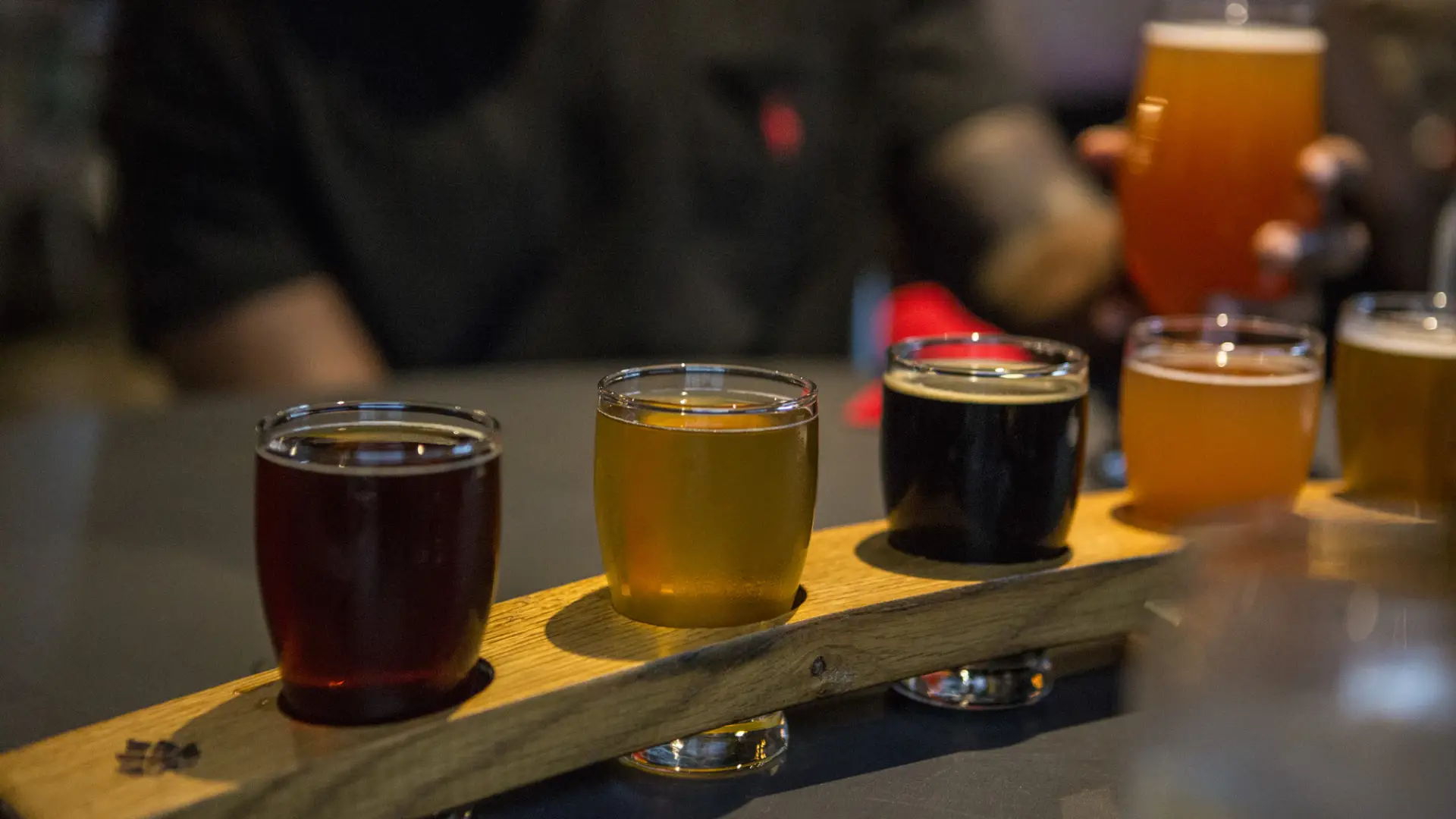 A flight of beers is served at the bar.