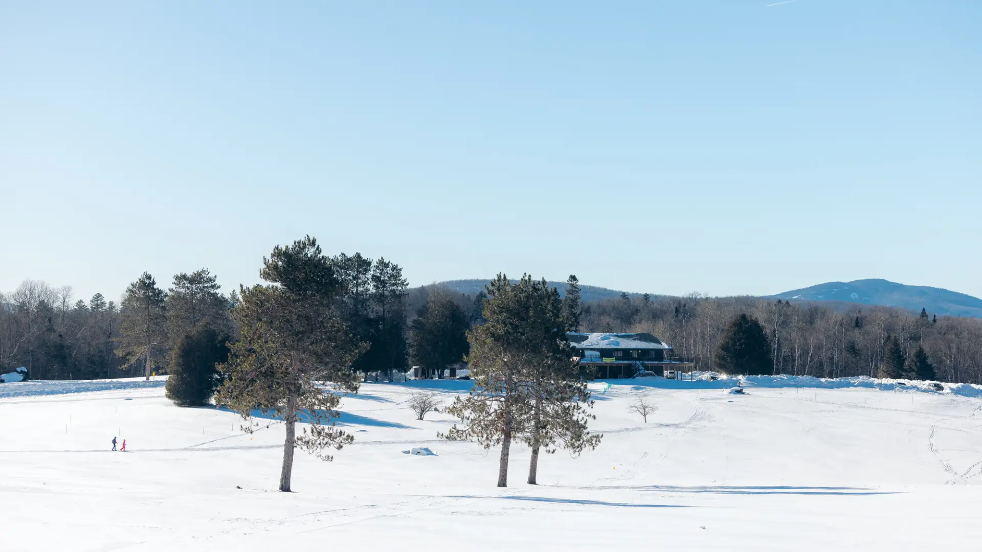 A snow-covered field under a blue sky features a lodge nestled against a dense tree line in the distance.