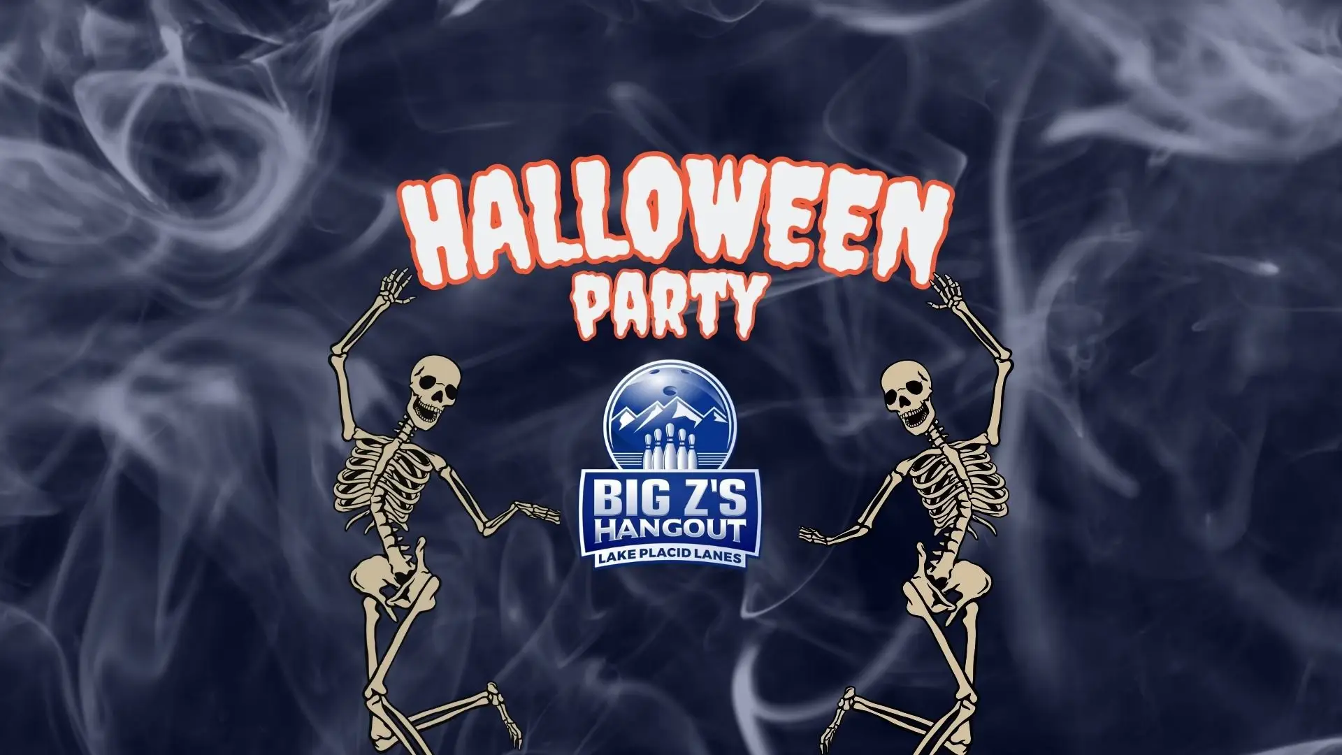Graphic for Big Z's Halloween Party with black and smoke background, Big Z's Logo, Halloween Party written in stylized text, and two skeletons dancing