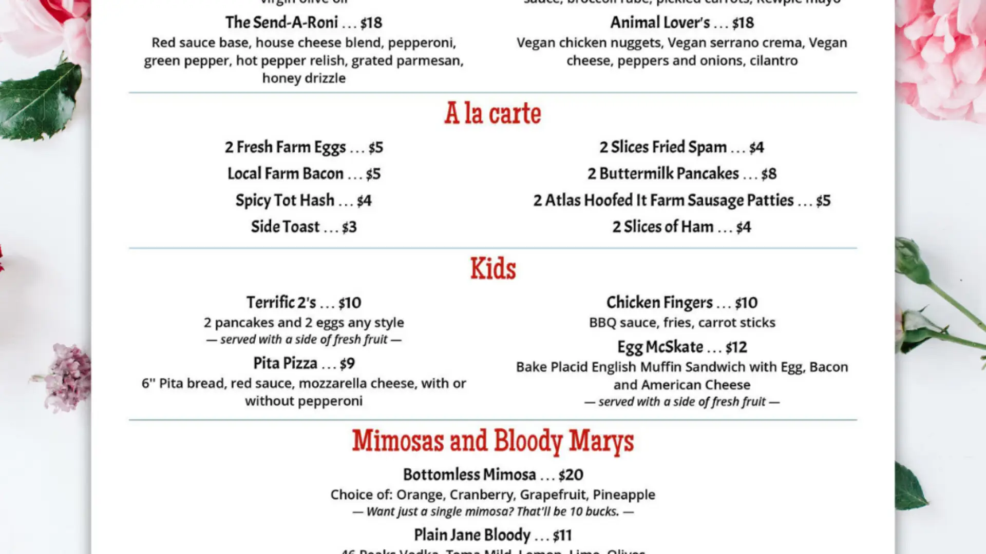 Menu for Hearth Oven Pizza, including a la carte items, kids' meals, and mimosas and Bloody Marys.  Prices are listed.