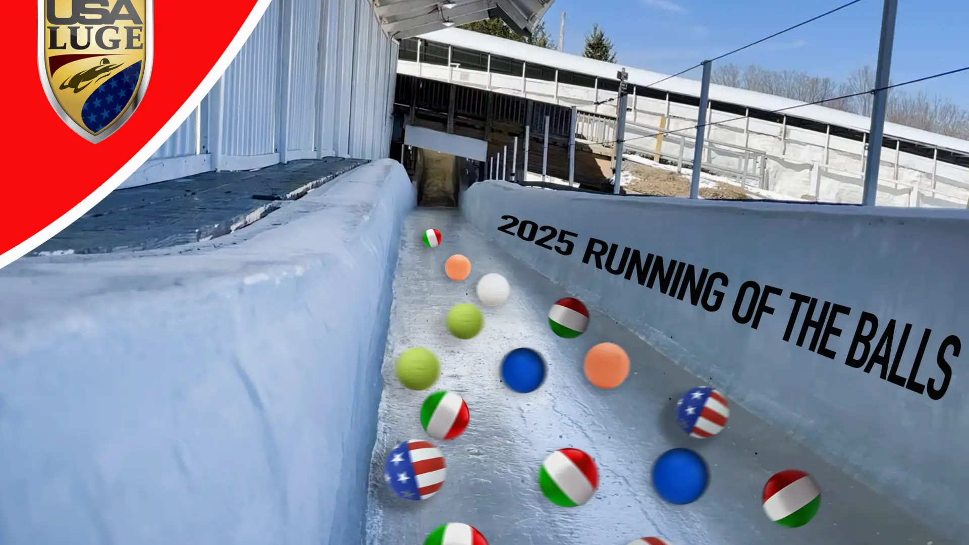 Generated image of lacrosse balls with various country's flag designs rolling down an icy luge track