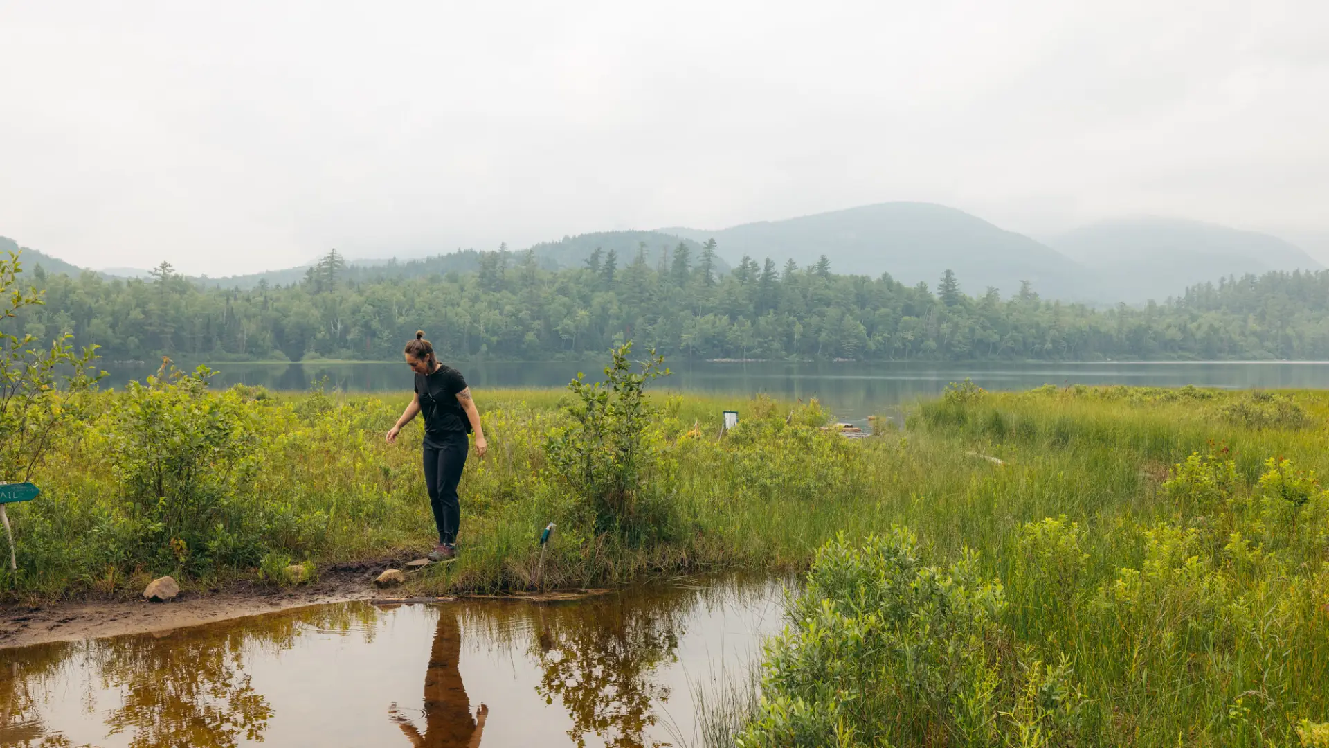 A hiker near the edge of a marshy area of water