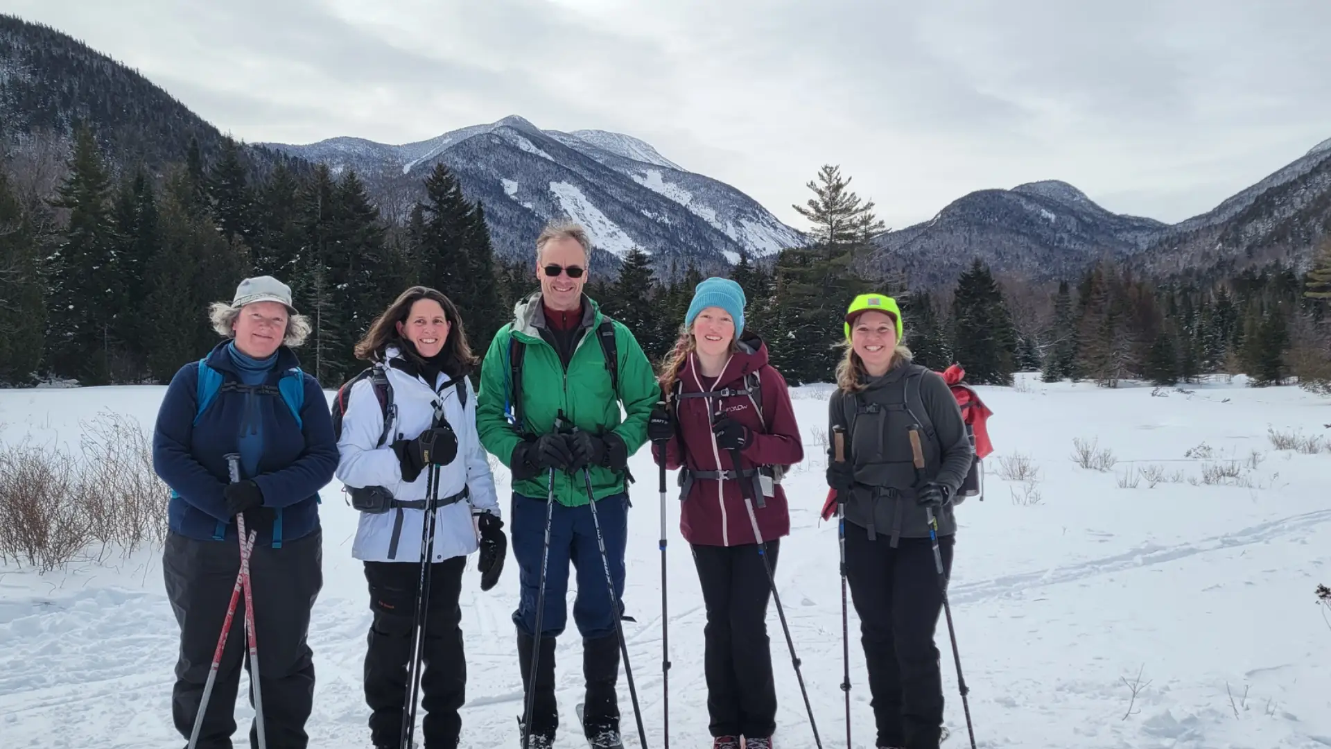 Five people skiing in a snowy mountainous landscape.