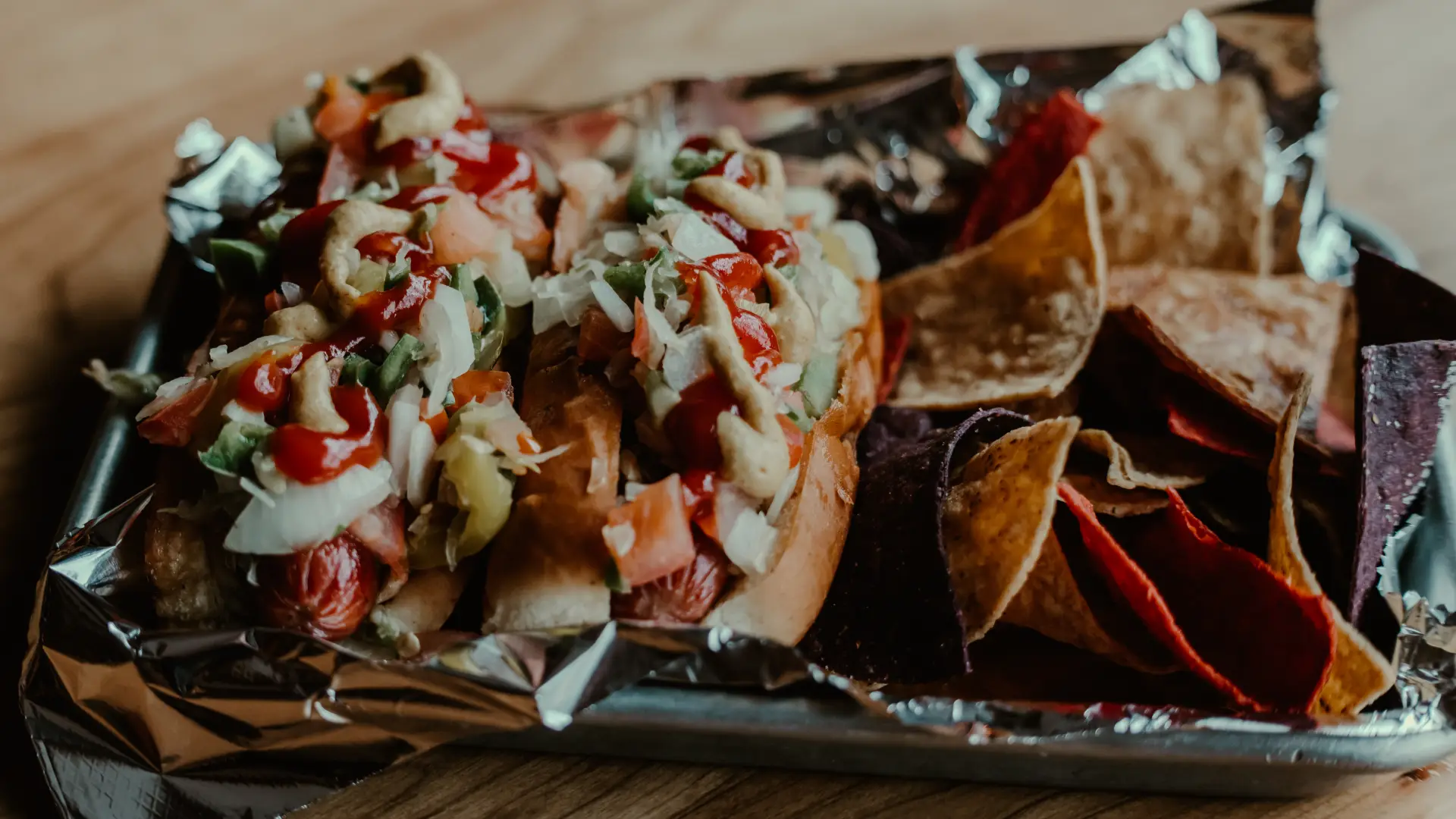 Fully loaded hot dogs with tortilla chips.  Photo Credit to A. Kelly..
