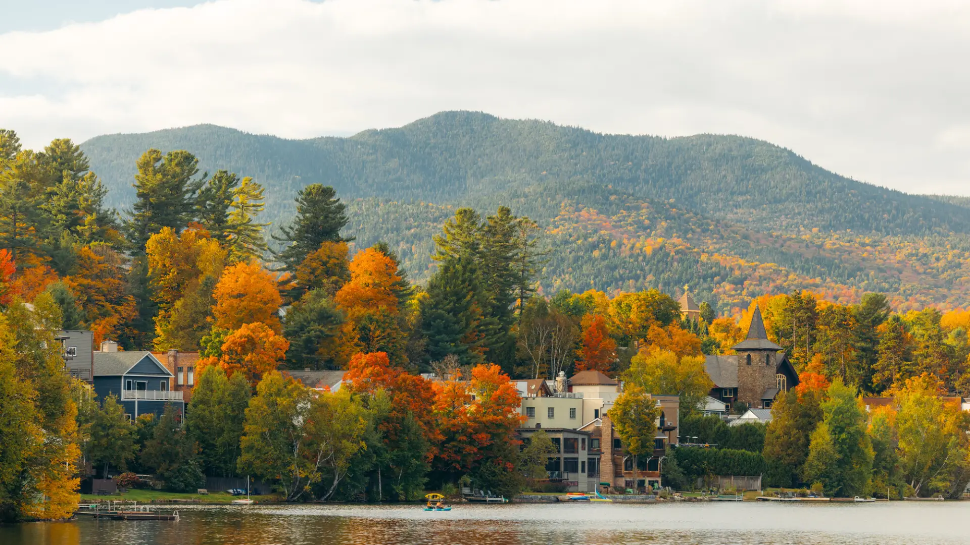 A scenic view of Mirror Lake in the fall.