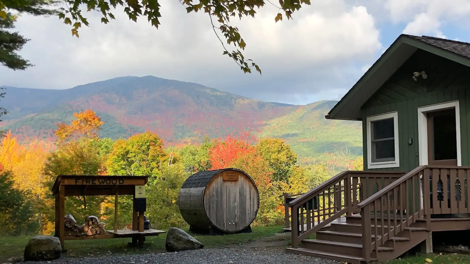 View of mountains in fall with house and suana