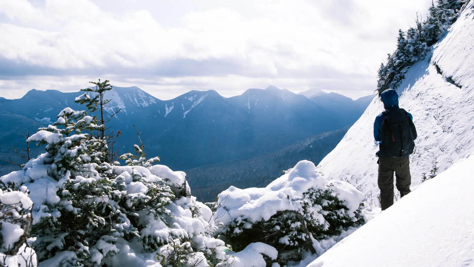 A man looks out to a snowy summit.