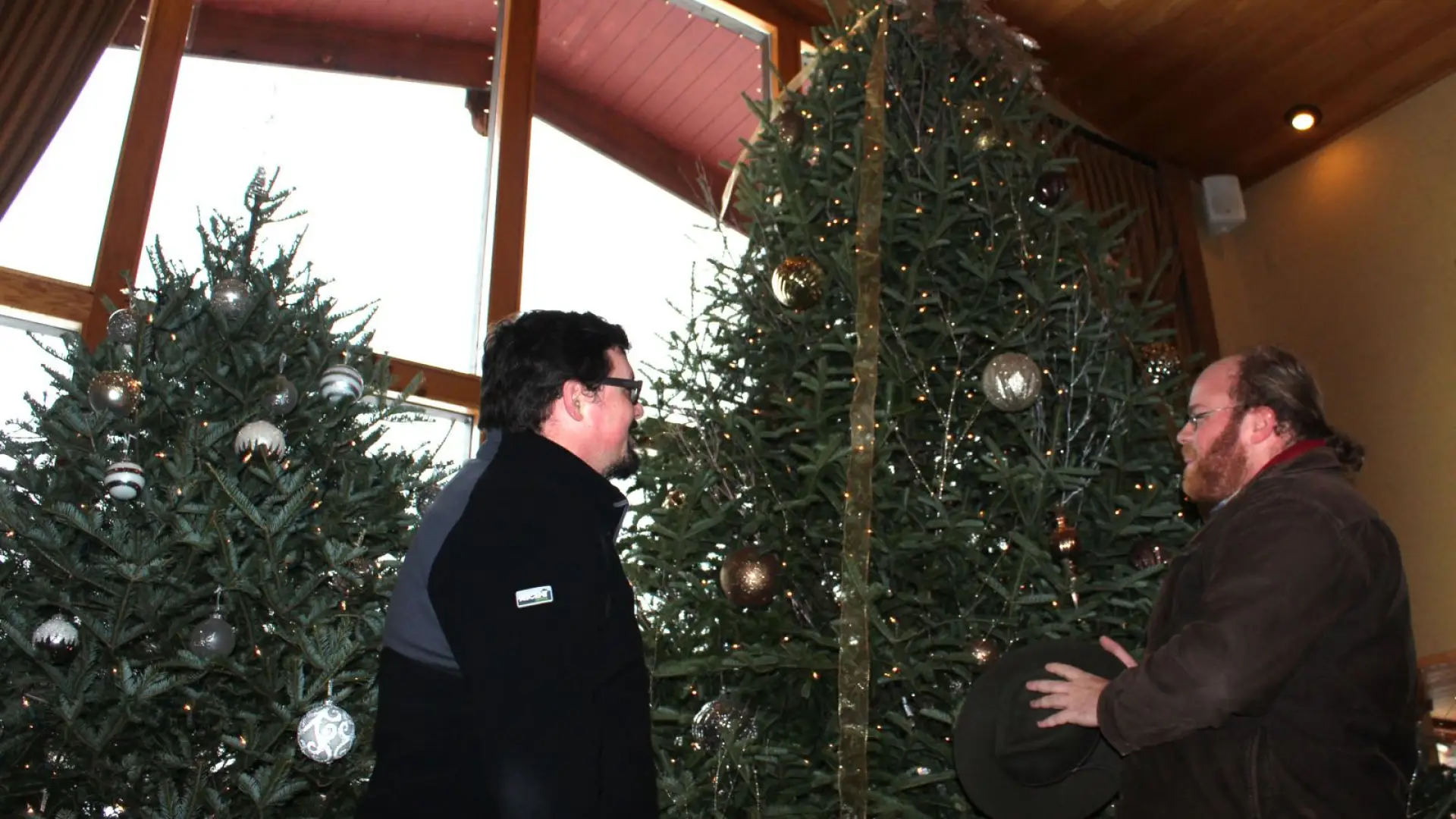 Dan and Glenn are dwarfed by the Golden Arrow's gigantic tree.