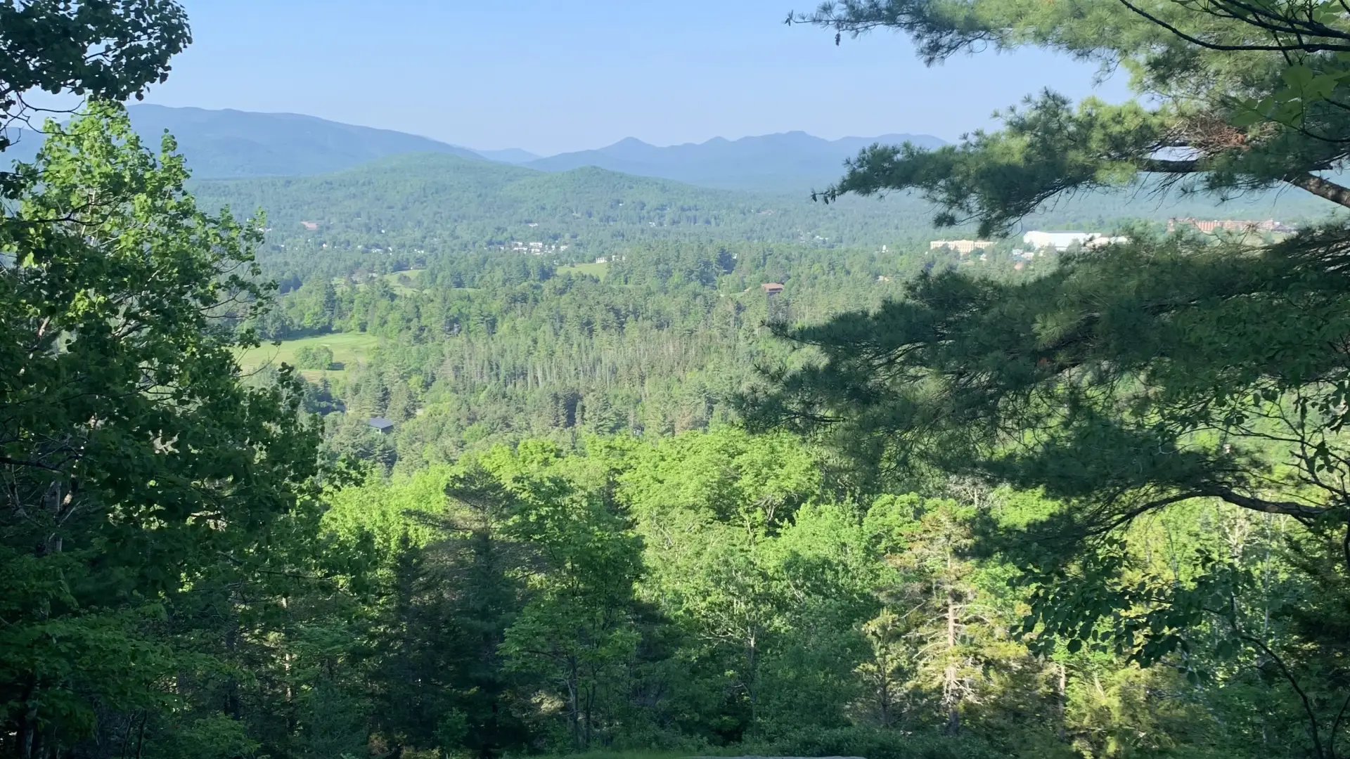A rocky ledge offers a view of mountains and forest.