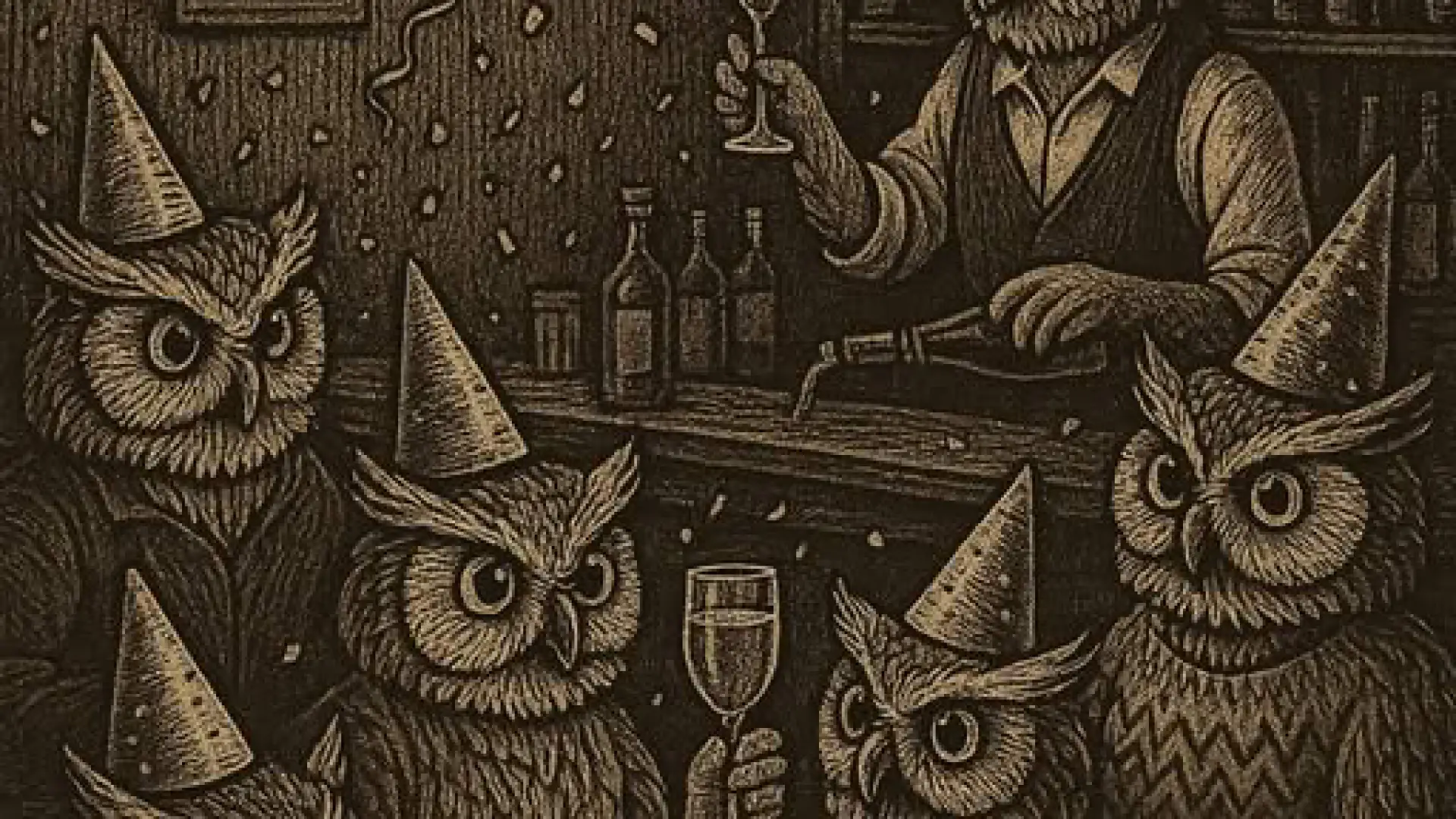 Sepia tone graphic of anthropomorphized owls celebrating with raised champagne flutes and party hats in a bar setting