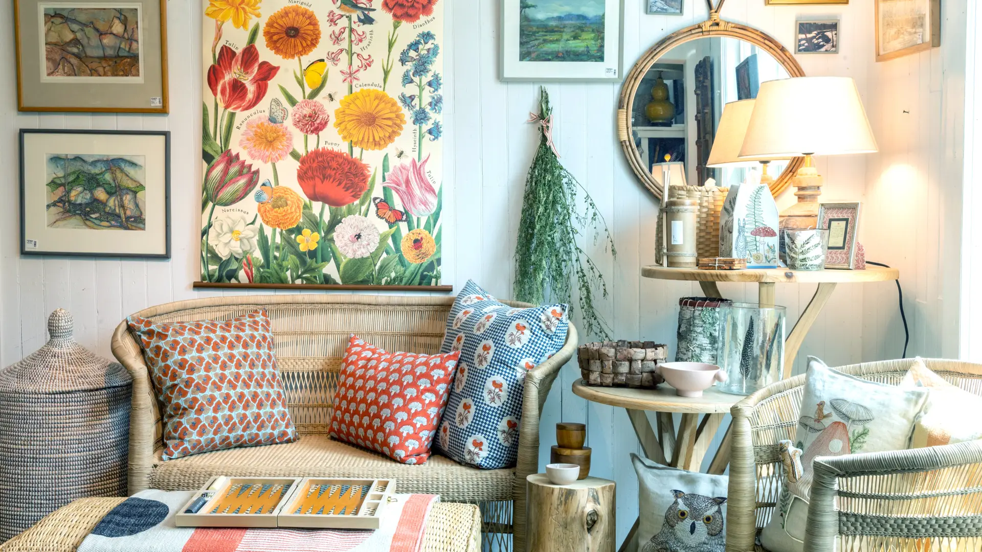 Wall decor on display from large posters to small framed paintings.