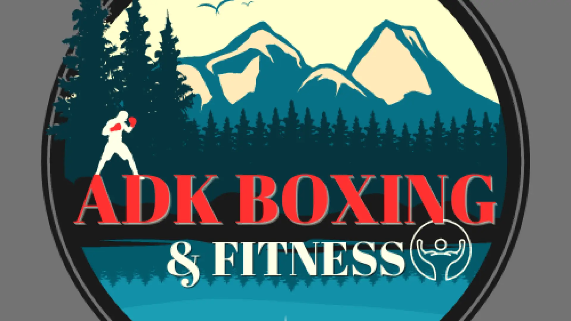 Logo for ADK Boxing & Fitness, depicting a boxer in front of a mountain landscape.