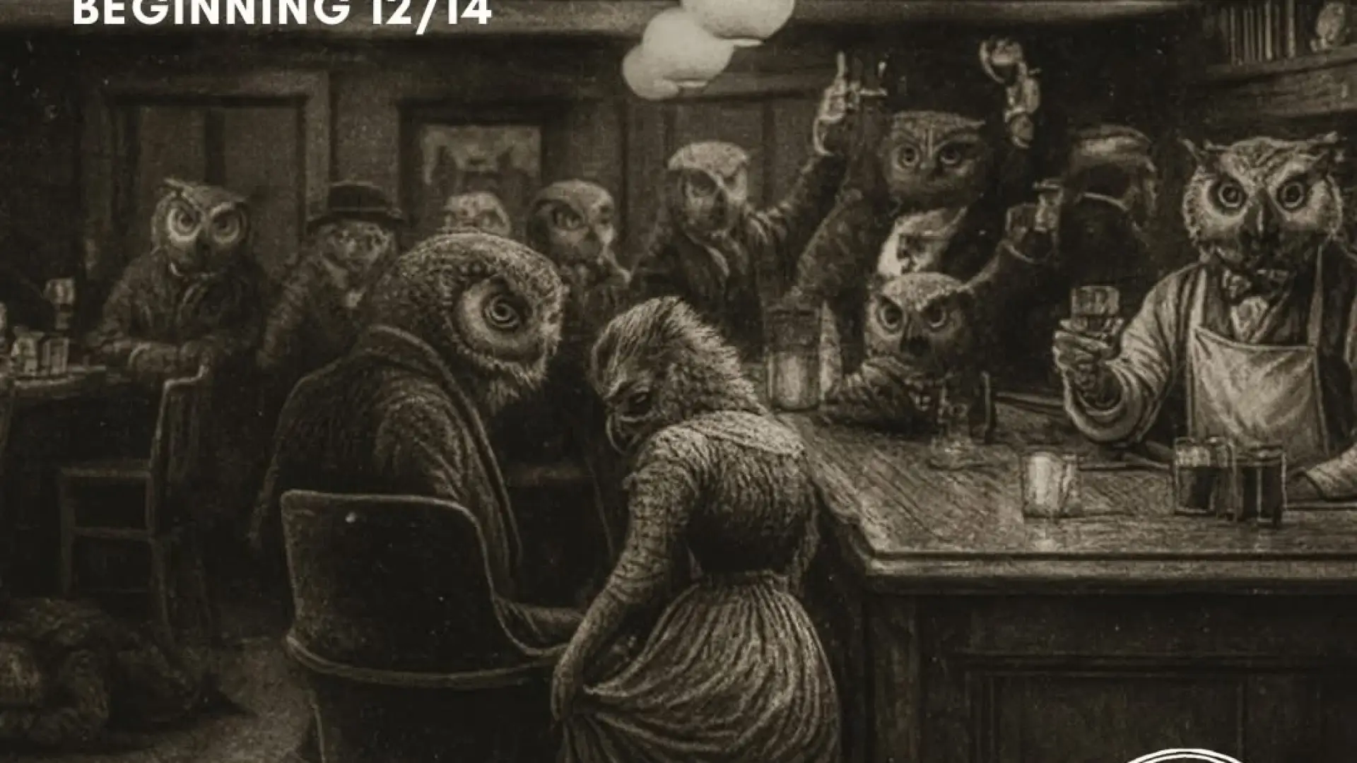 Old-timey sepia graphic photo of anthropomorphized owls in late 18th century garb in a tavern. Caption says Brunch is a hoot