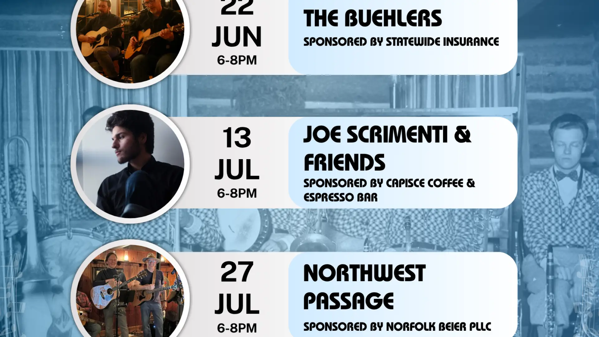 Monday Music at the Museum poster with band images, names, and dates of performances