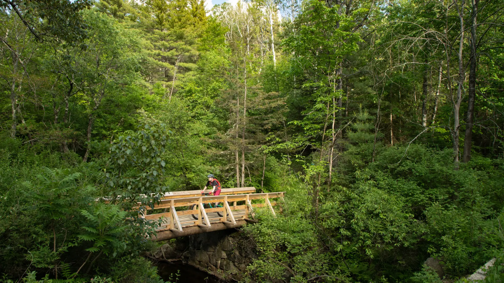 A mountain biker going across a wooden bridge
