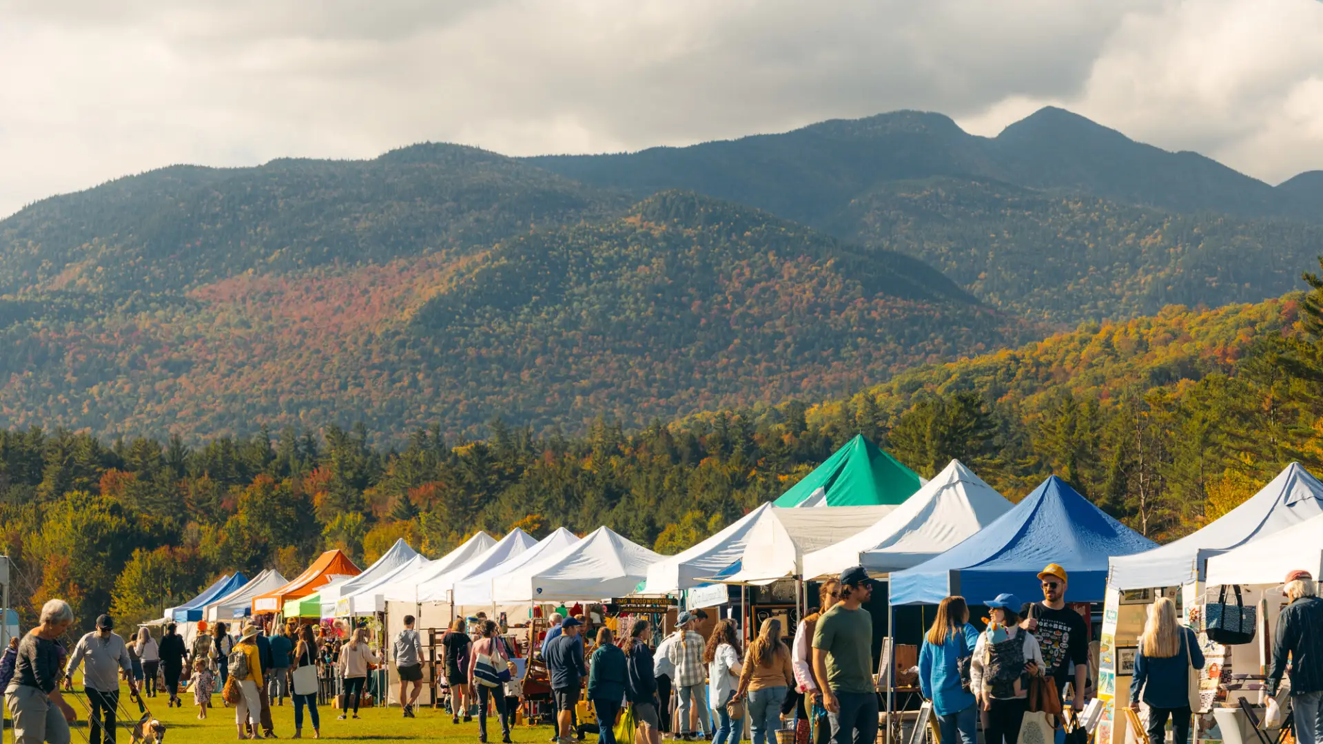 People visit a farmers market in the High Peaks Region with foliage in the background. 