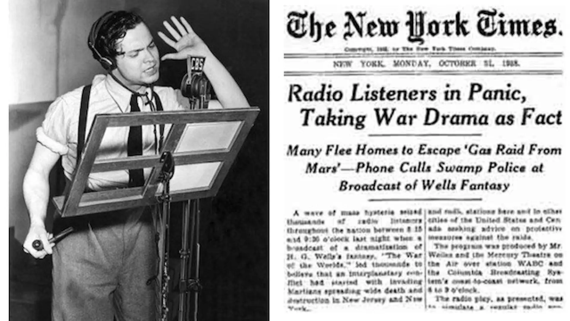 Orson Welles direction of the radio play, (left) and the resulting headlines (right.)