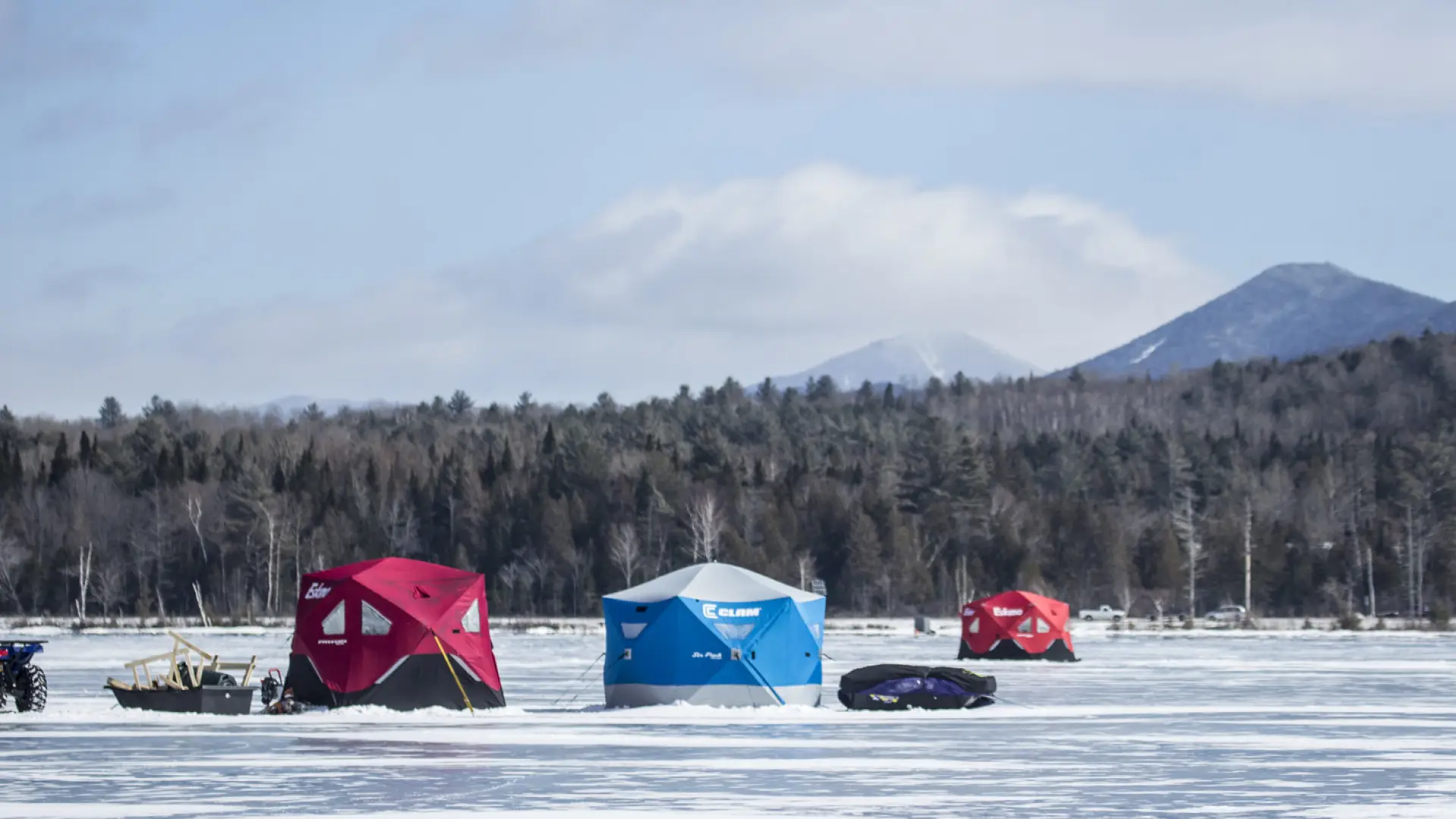 Shanties on the ice at Lake Colby, Saranac Lake.