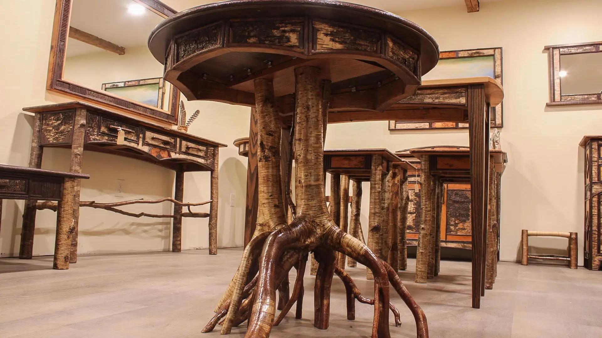 End table made with birch bark and multitrunk white birch legs