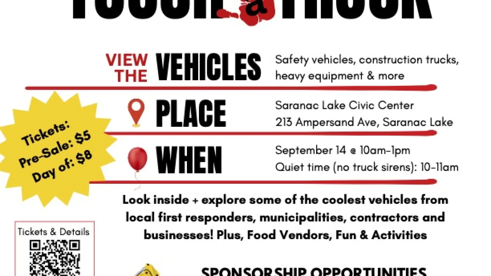 trucks at the bottom of the flyer, a black and white banner at the top. Event details are centered
