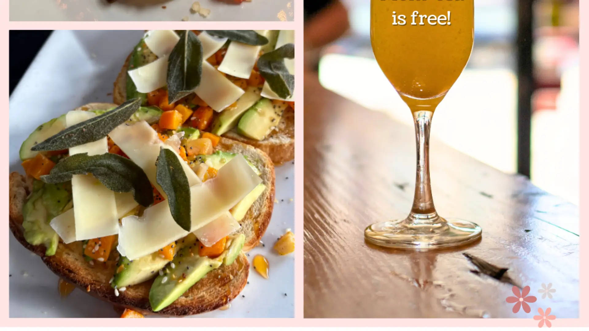 Mother's Day brunch at Big Slide Brewery & Public House, 10 AM to 1 PM.  A free mimosa for moms, plus photos of avocado toast and omelets.