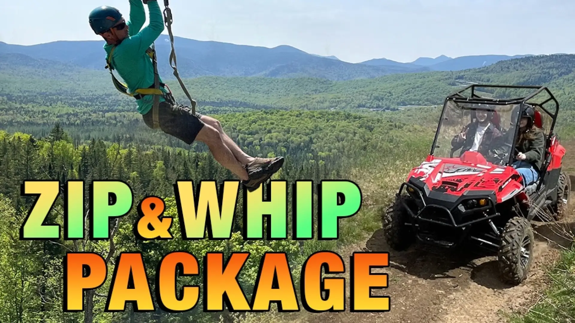 A person hangs from a zip line laid over a UTV. on a dirt track with the mountains in the background