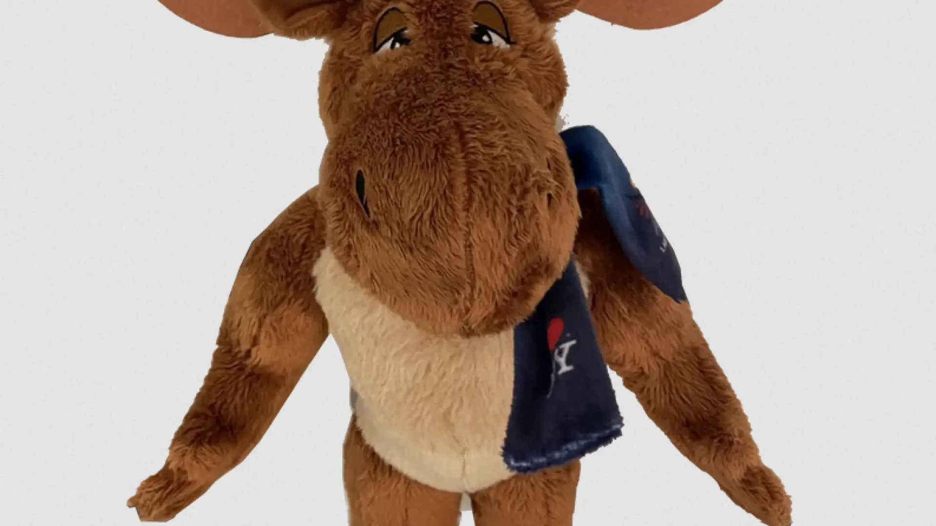 A stuffed toy of a moose mascot wearing a winter hat and scarf
