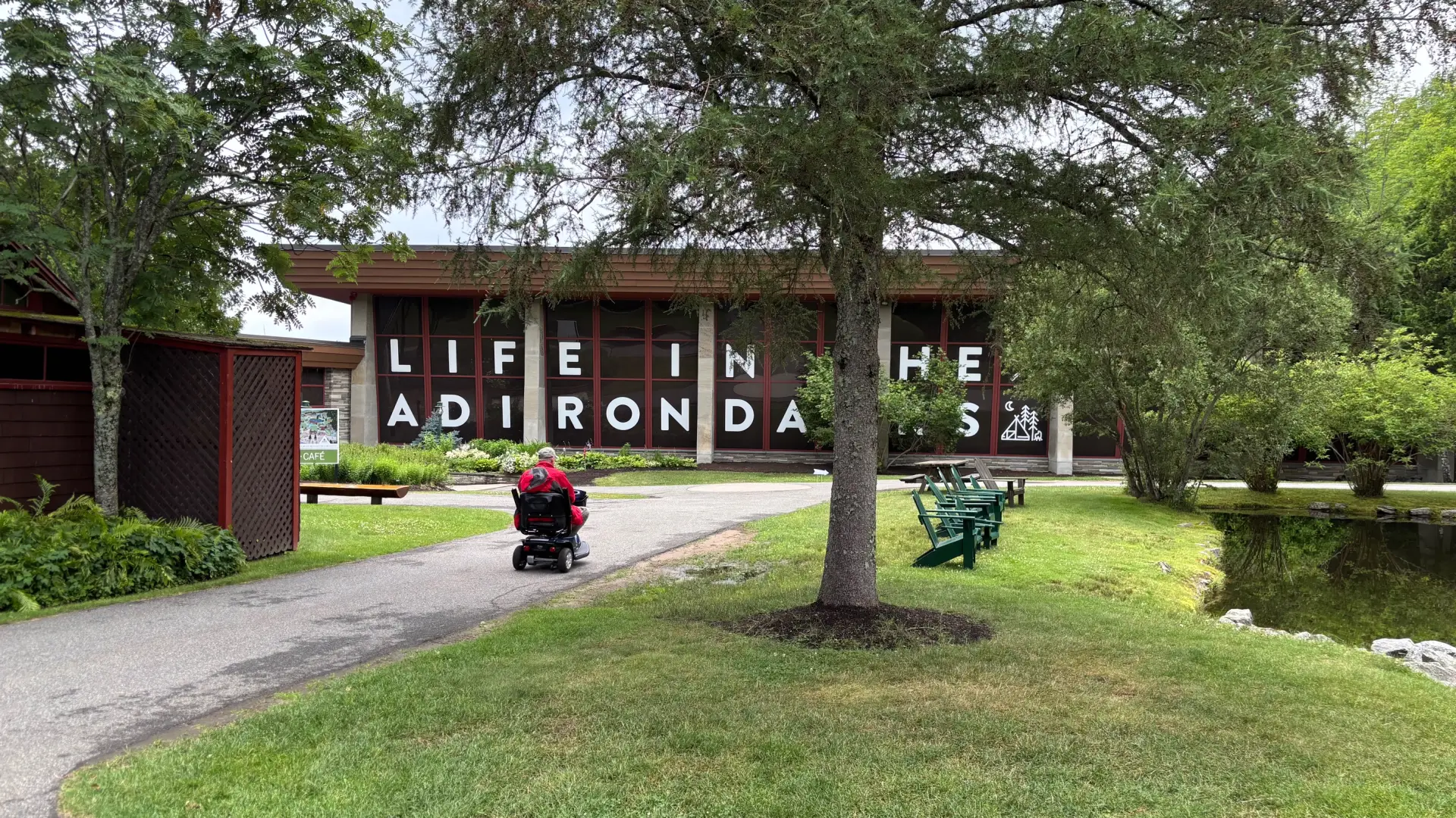 Life in the Adirondacks spelled out in large letters in the windows
