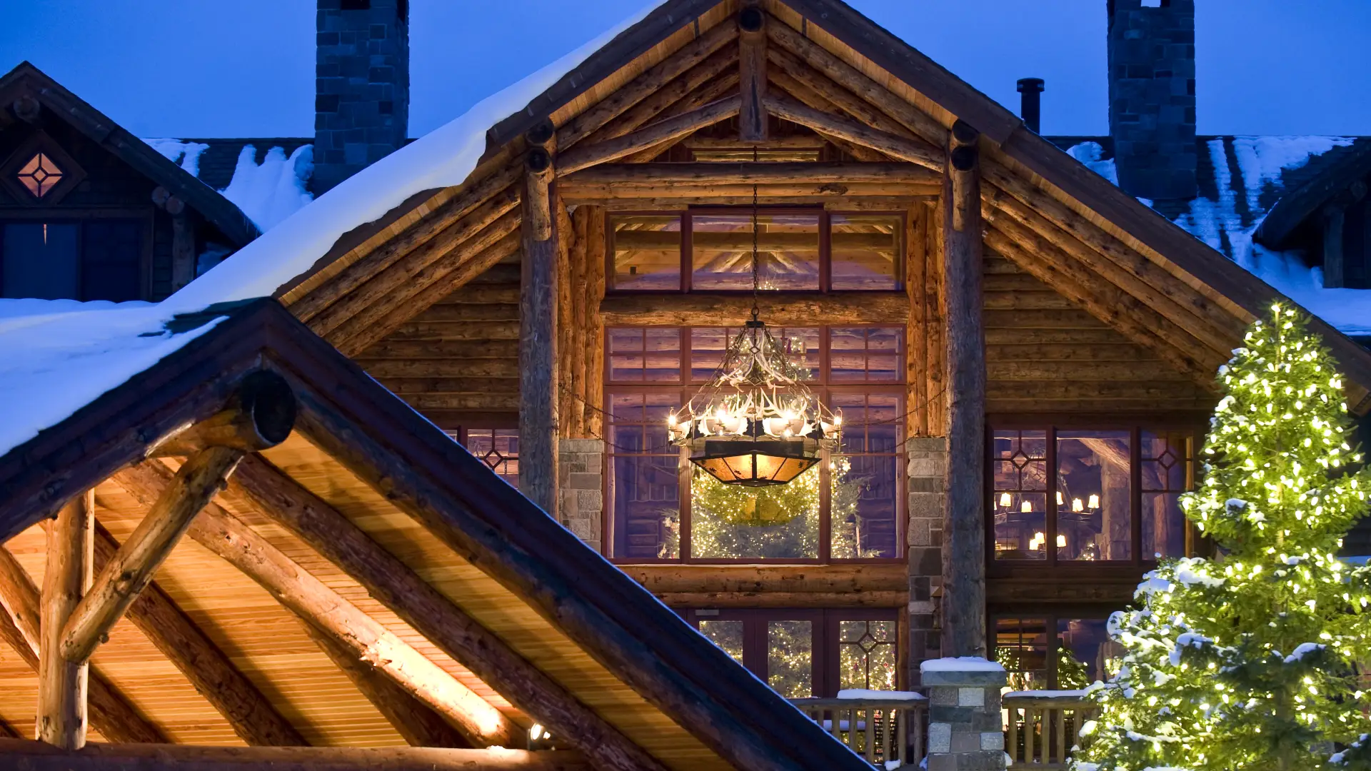 Exterior of lodge in winter. 