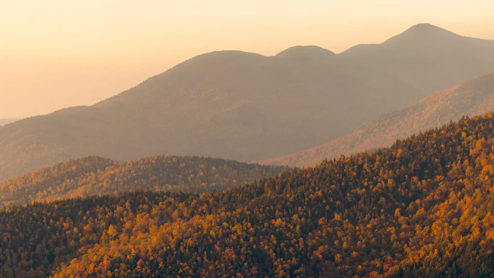The view from the summit of a fall hike at sunset.