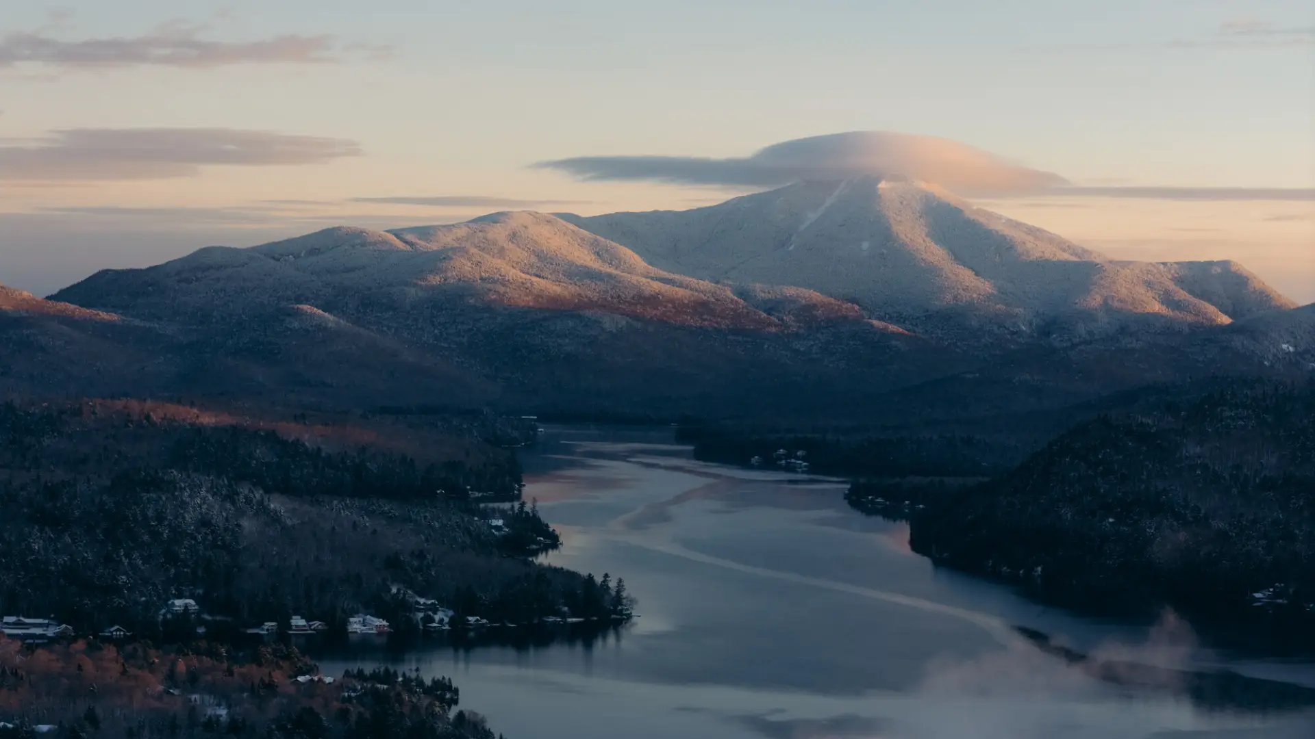 Scenic winter drone shot of Lake Placid.