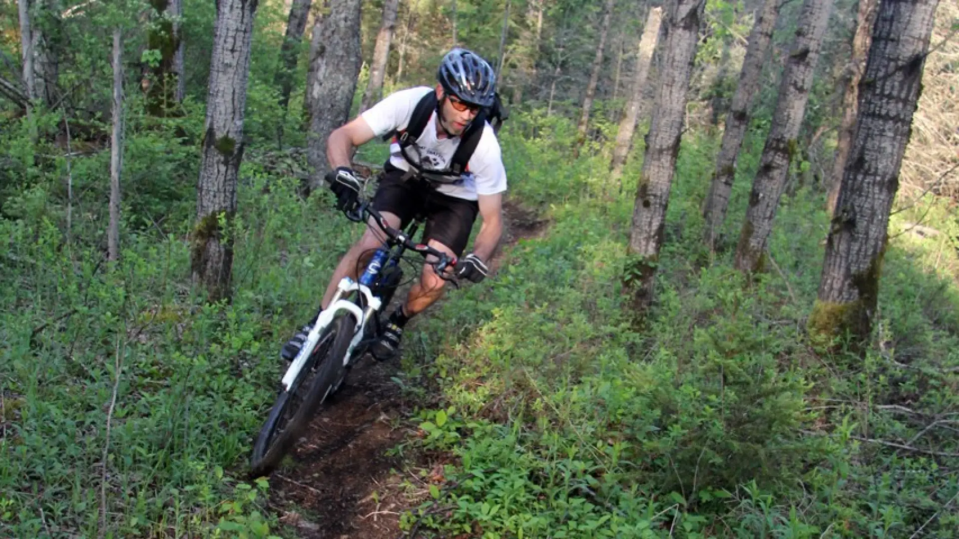 Mountain biker takes a turn on a single track trail