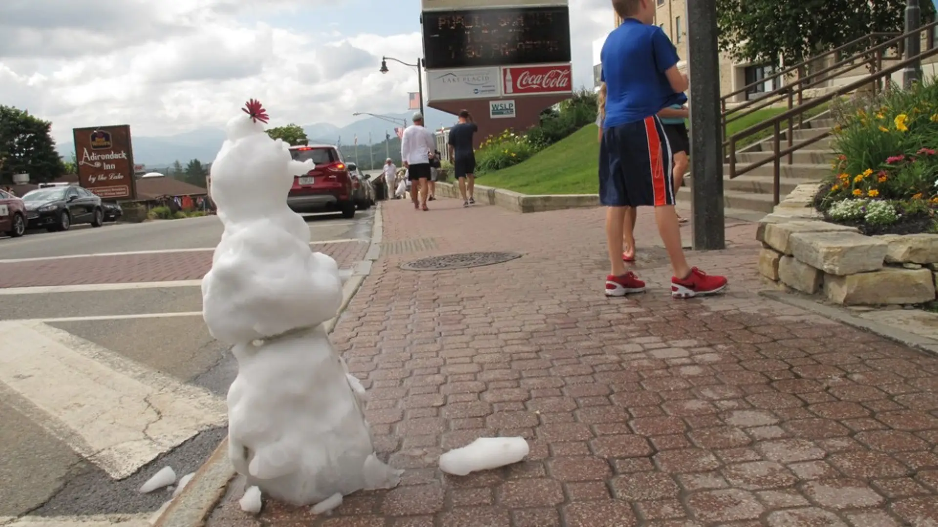 Snow in summer, outside the Olympic Center.