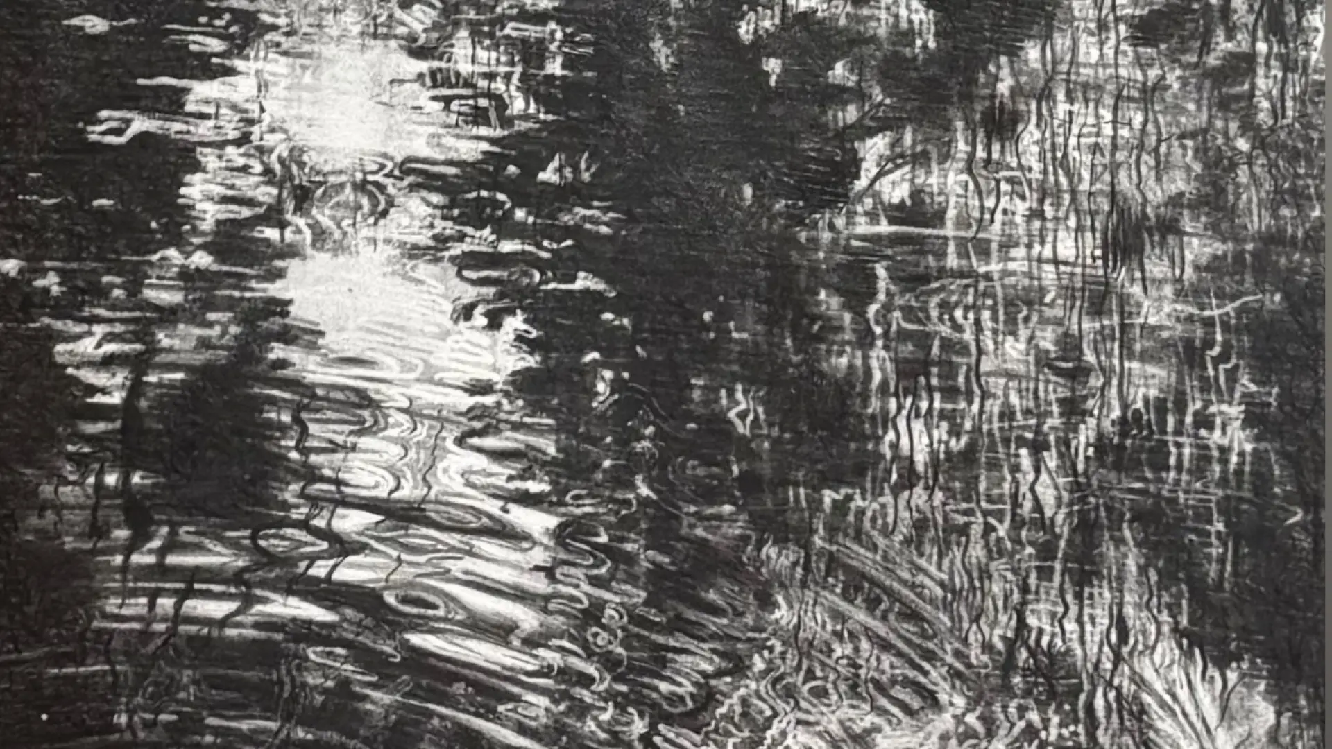 Black and white drawing of a pond reflecting trees and rocks.