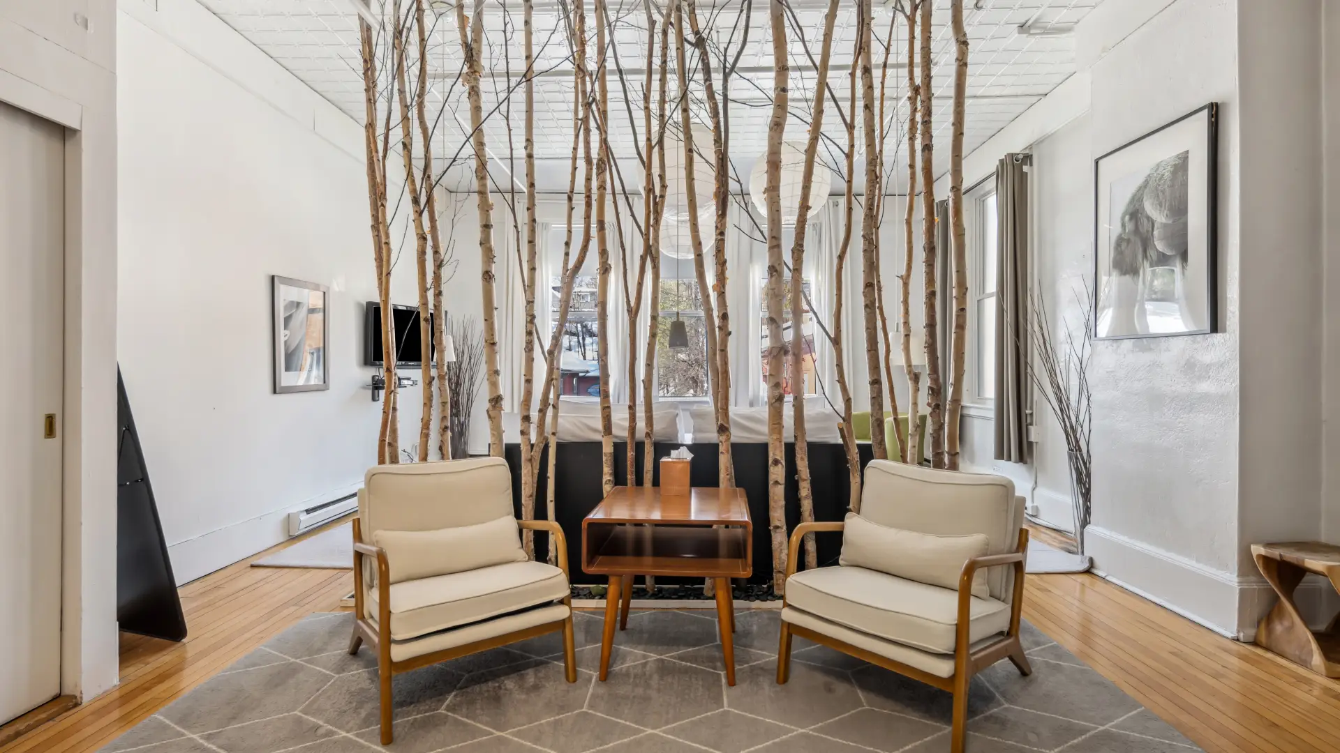 A white birch room divider is the focal point for this lounge space