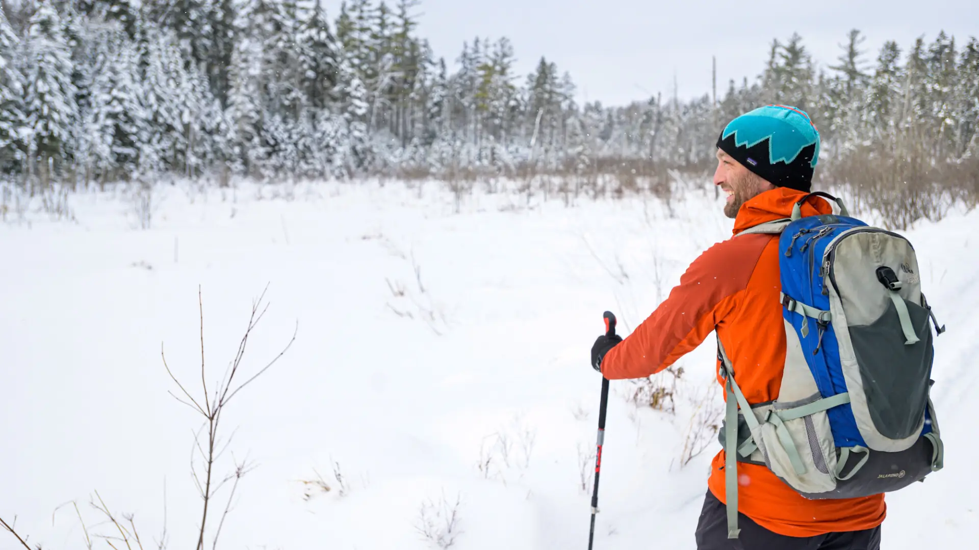 A man in an orange hoodie looks at the view while crosscountry skiing.