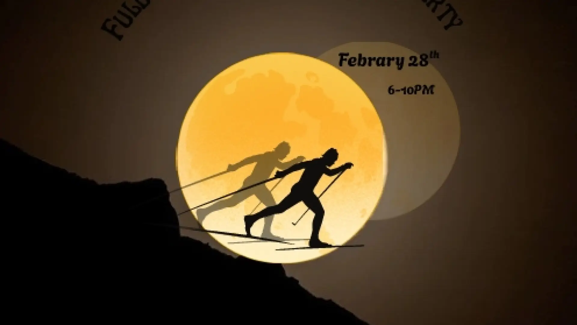 Graphic of cross-country skier passing by large full moon on black background with text about event