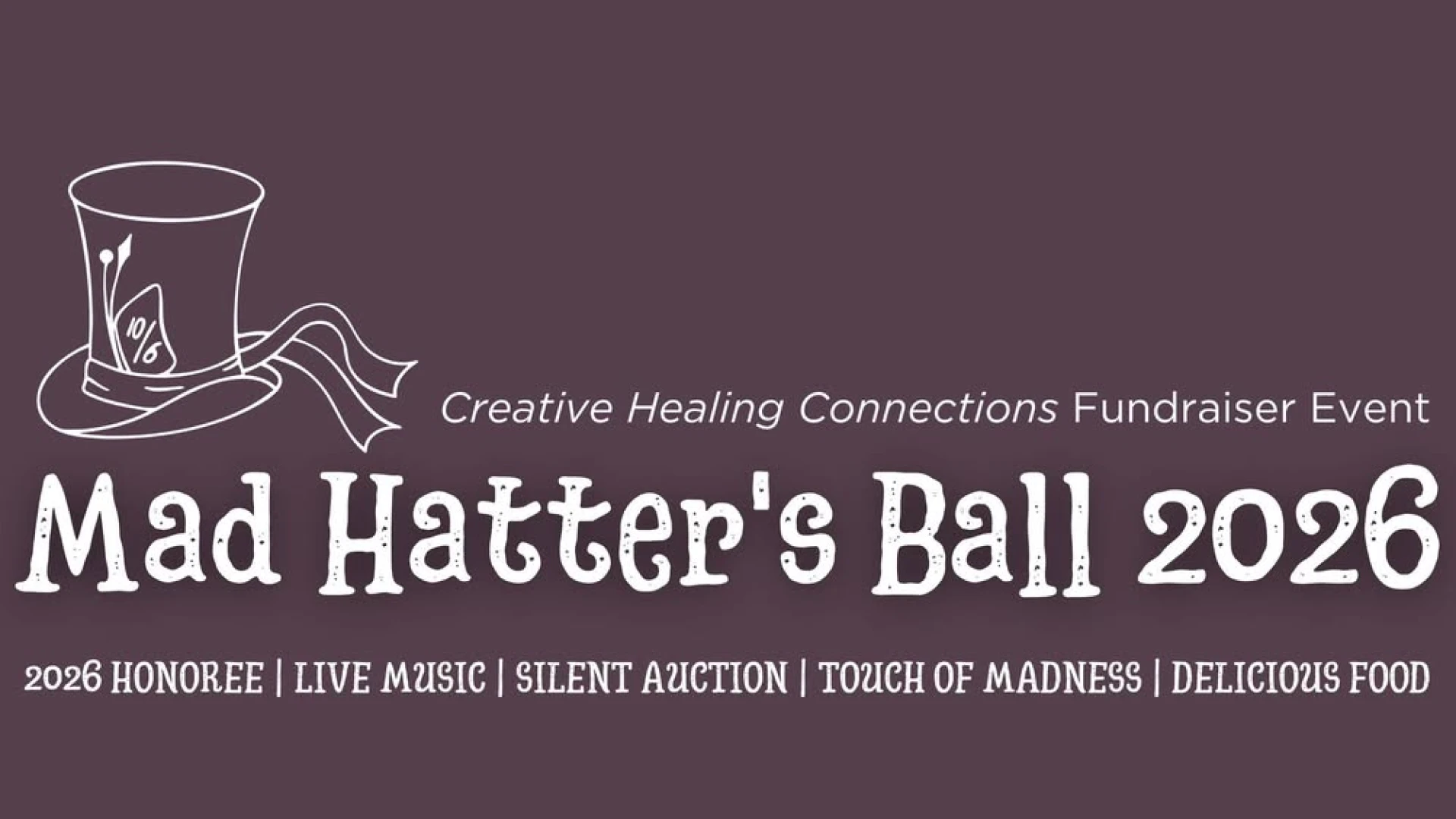 Purple background with white lettering and hat graphic