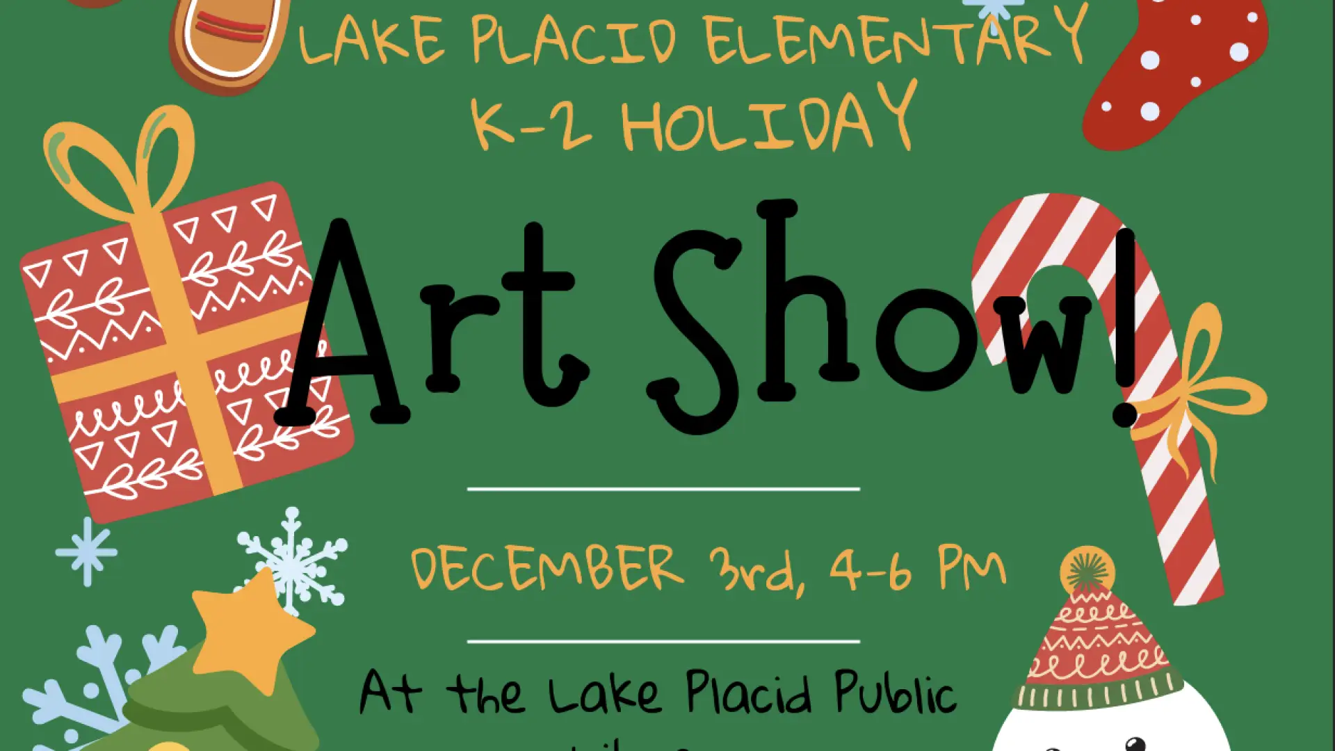 Holiday Art Show poster with green background and holiday cartoons