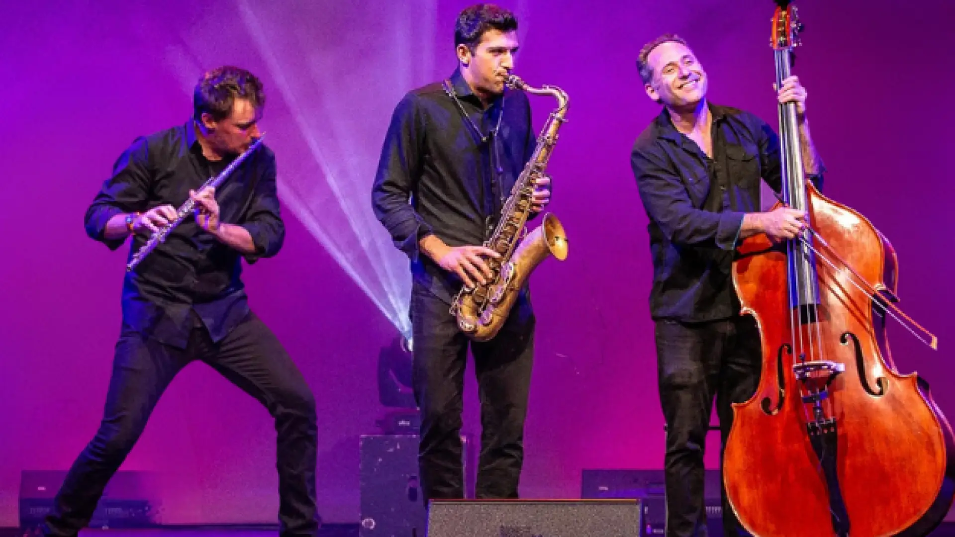 Trio of musicians playing flute, saxaphone, and stand-up bass on a stage