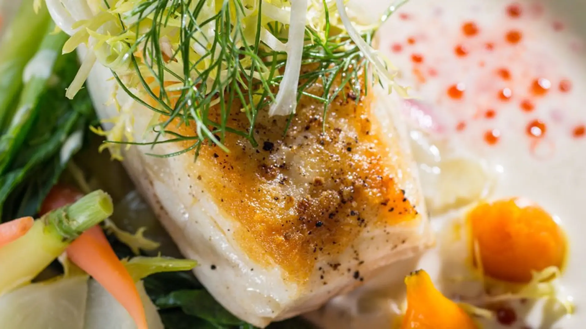 Perfectly cooked halibut garnished with fresh dill