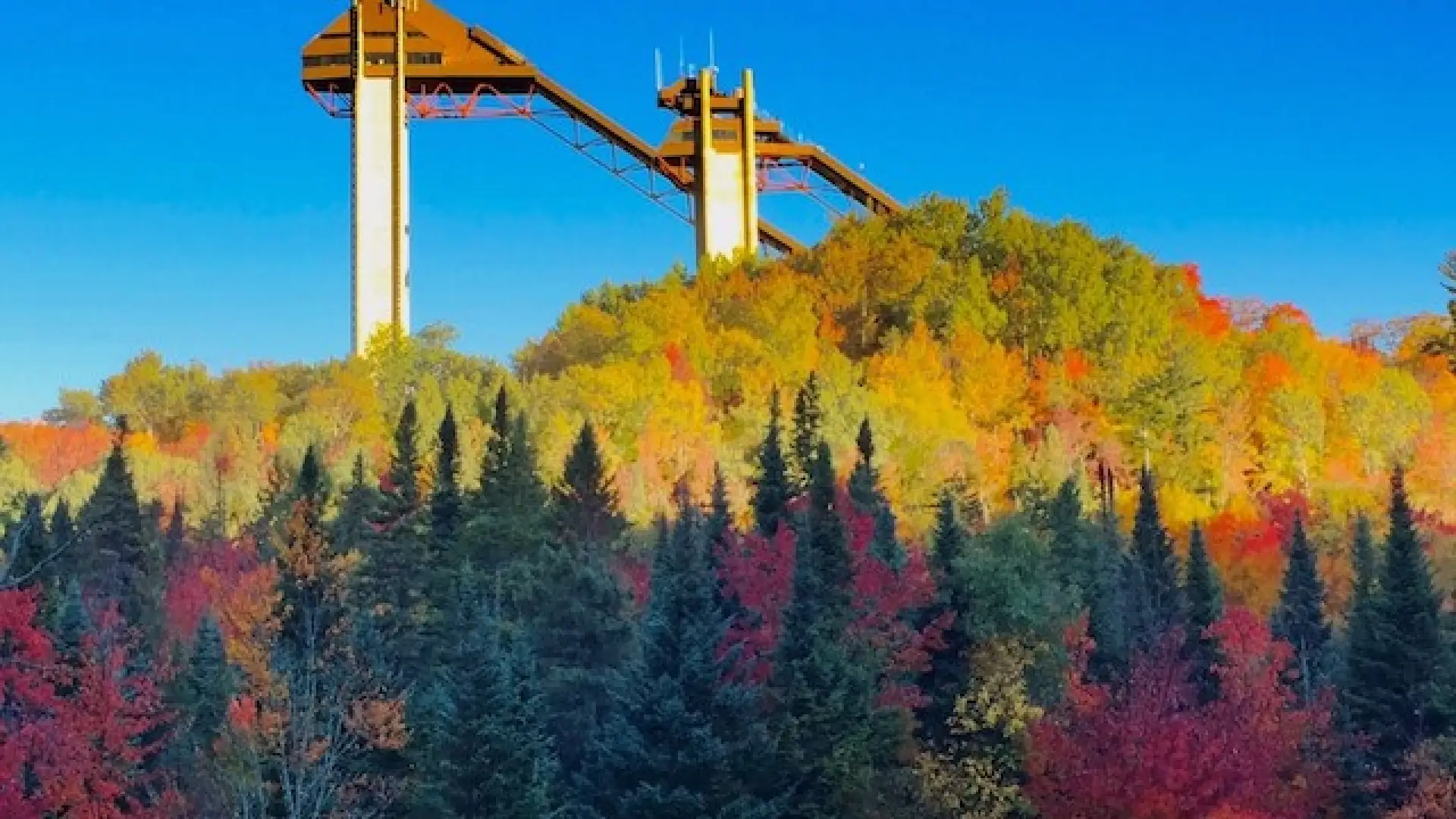 Easiest summit view in town -- the top of the 120 meter ski jump, with 360 degree foliage views.
