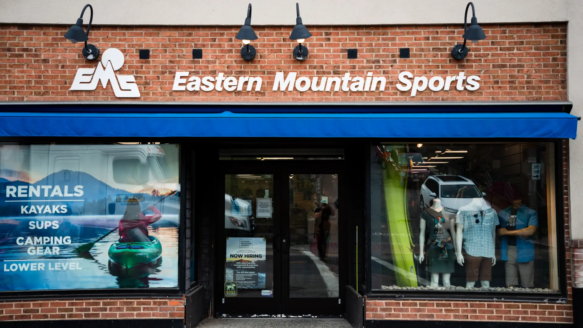 The front windows of Eastern Mountain Sports in Lake Placid