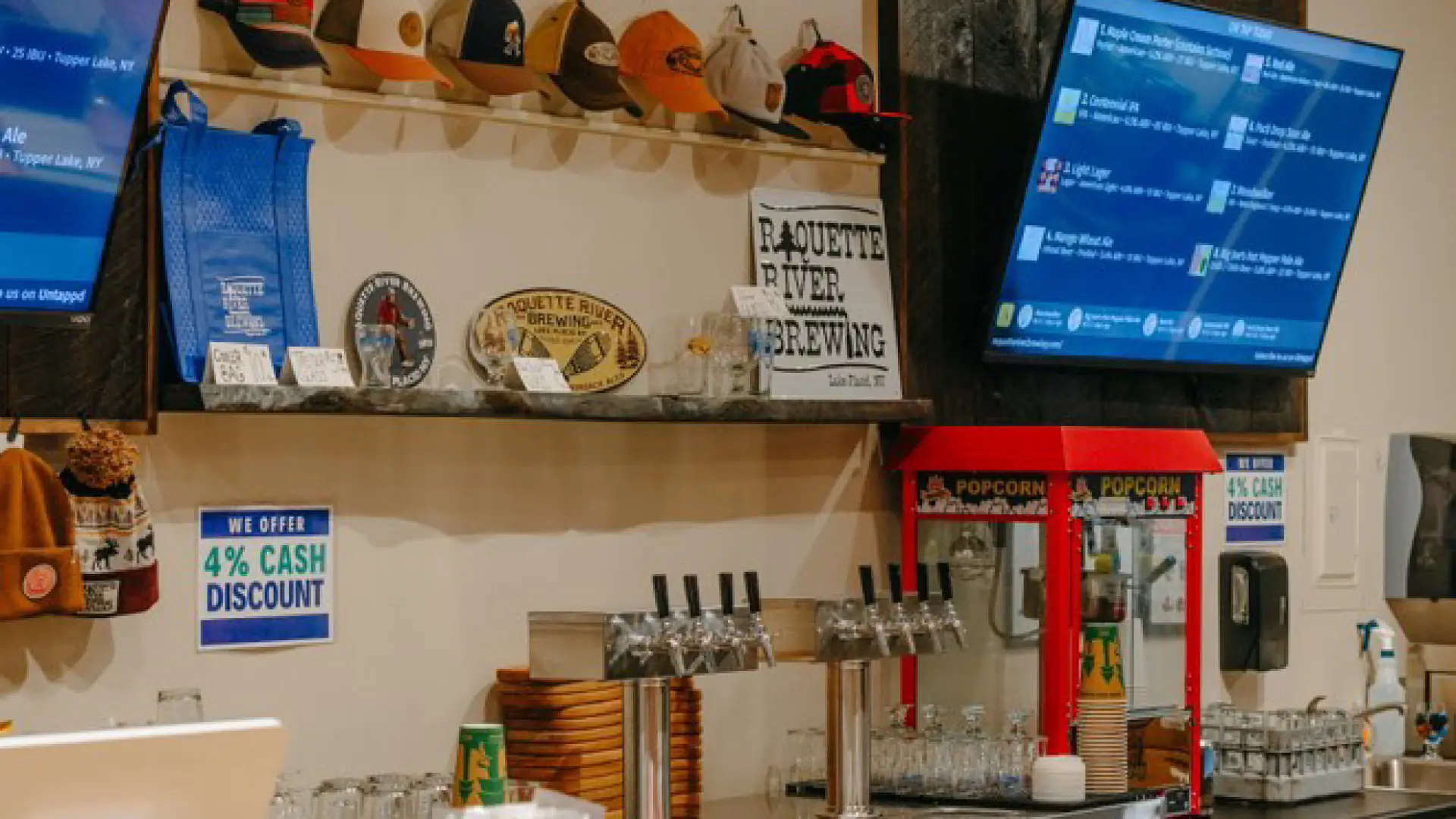Close up of the cans on display behind the bar