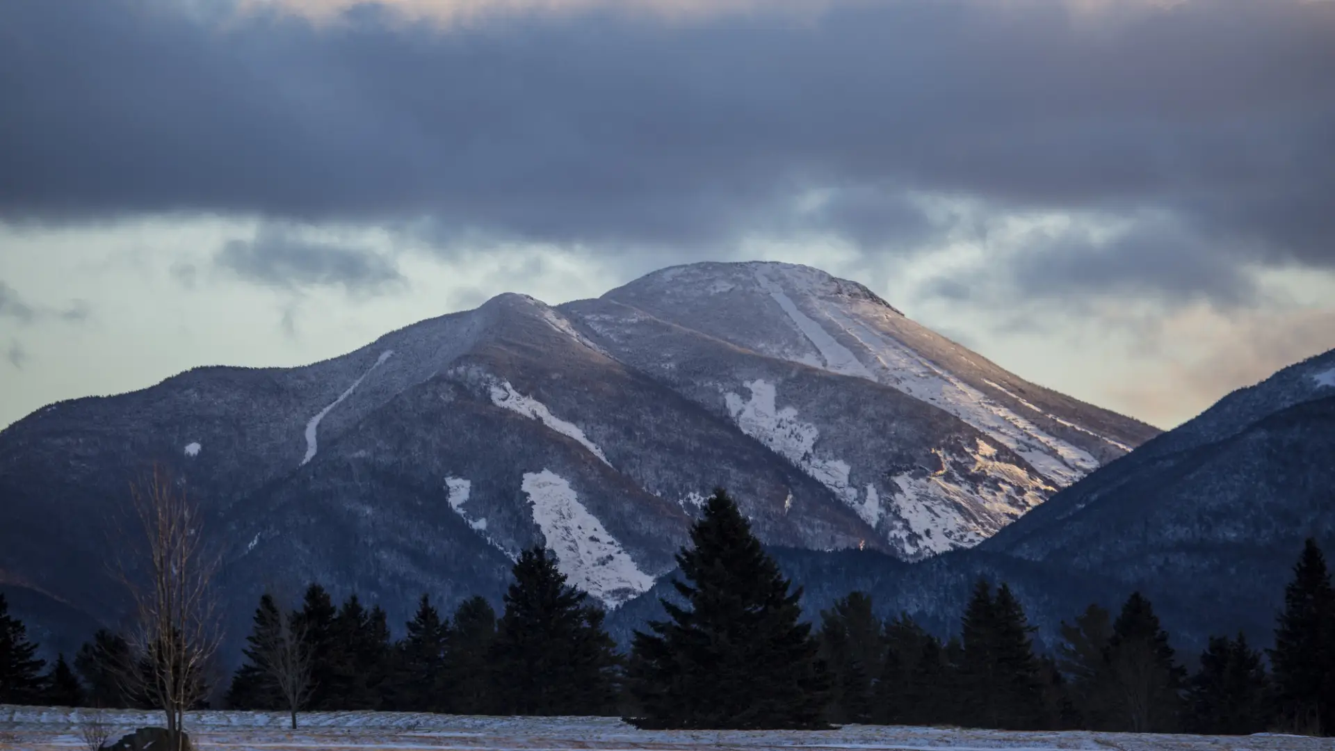 Mountain range covered in light snow and field covered in light snow